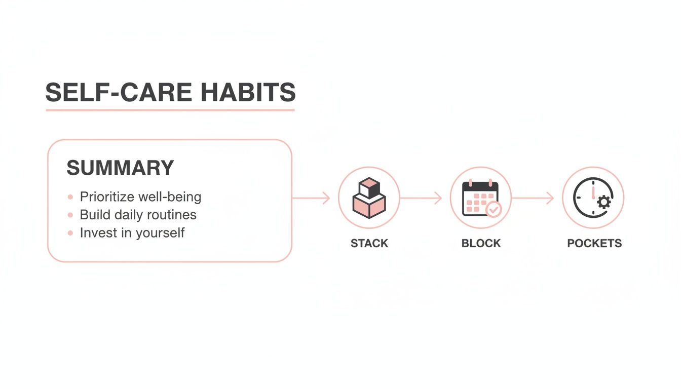 An infographic summarizing self-care habits, including prioritizing well-being and building routines, followed by a three-step process: Stack, Block, Pockets.