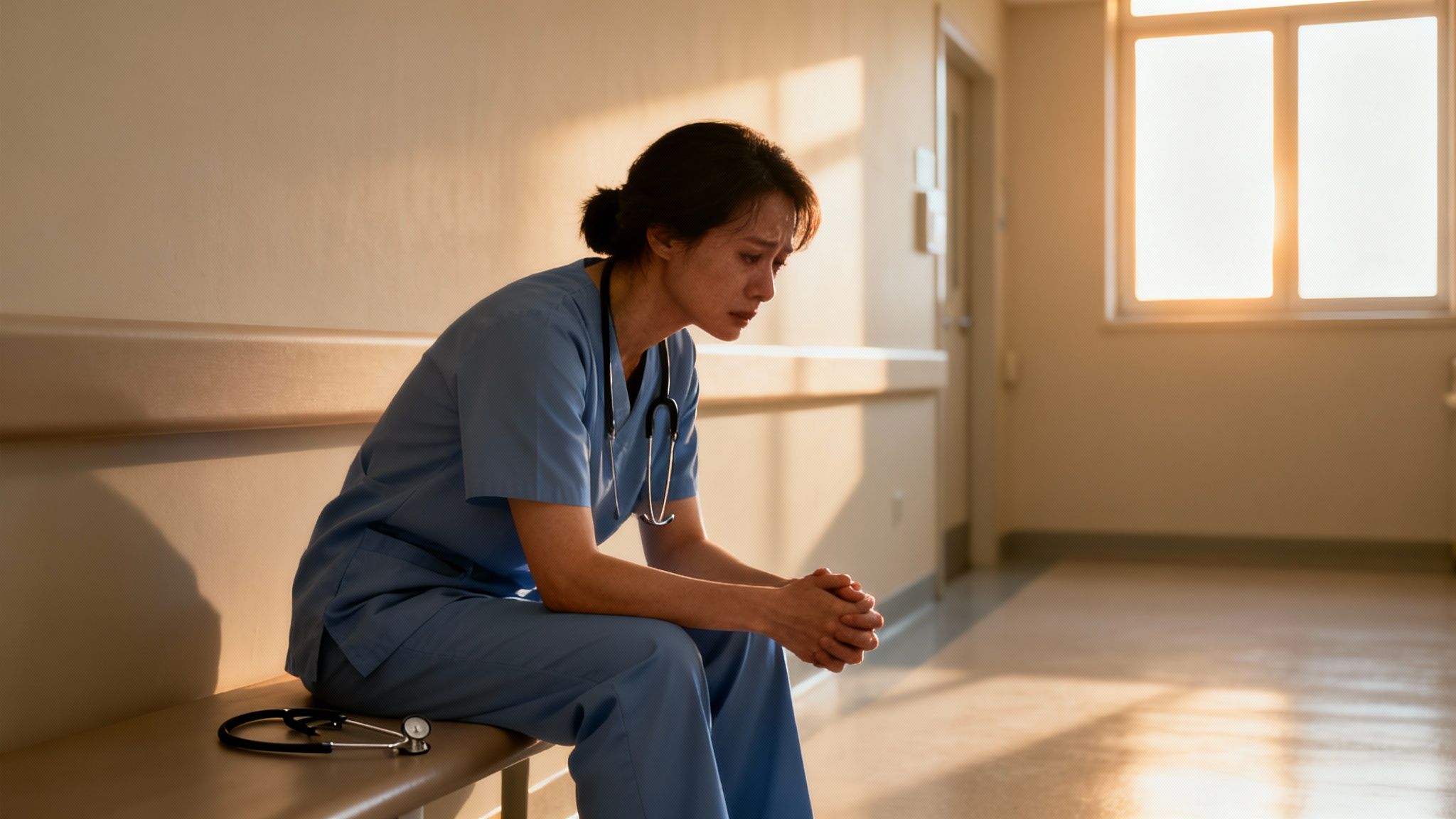 An exhausted and visibly distressed nurse in blue scrubs sits alone on a hospital bench, bathed in sunlight.