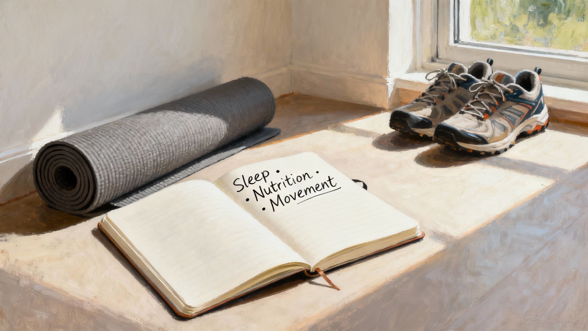 A grey yoga mat, a notebook with 'Sleep, Nutrition, Movement,' and hiking shoes by a sunlit window.