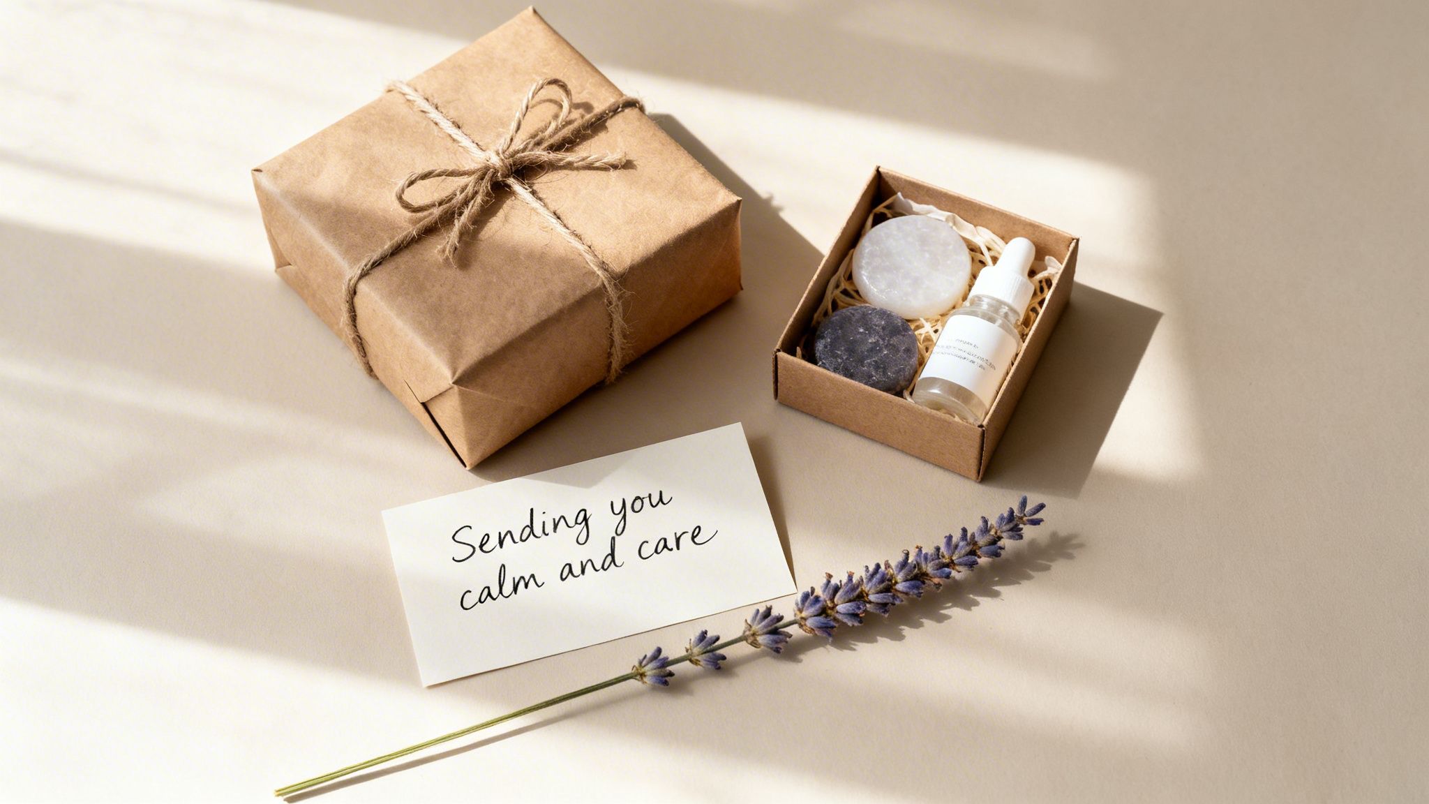 A thoughtful self-care gift set featuring a wrapped box, a wellness kit, a card, and lavender on a beige surface.