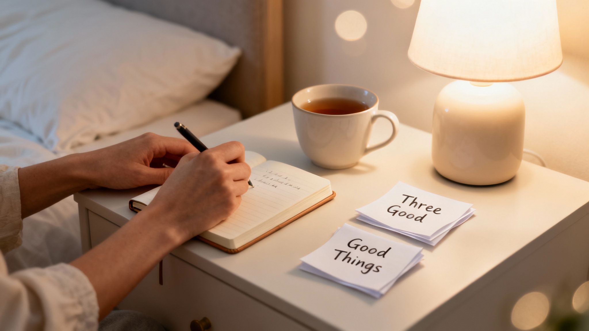 Person writing in a notebook on a bedside table next to tea and a lamp, practicing gratitude.