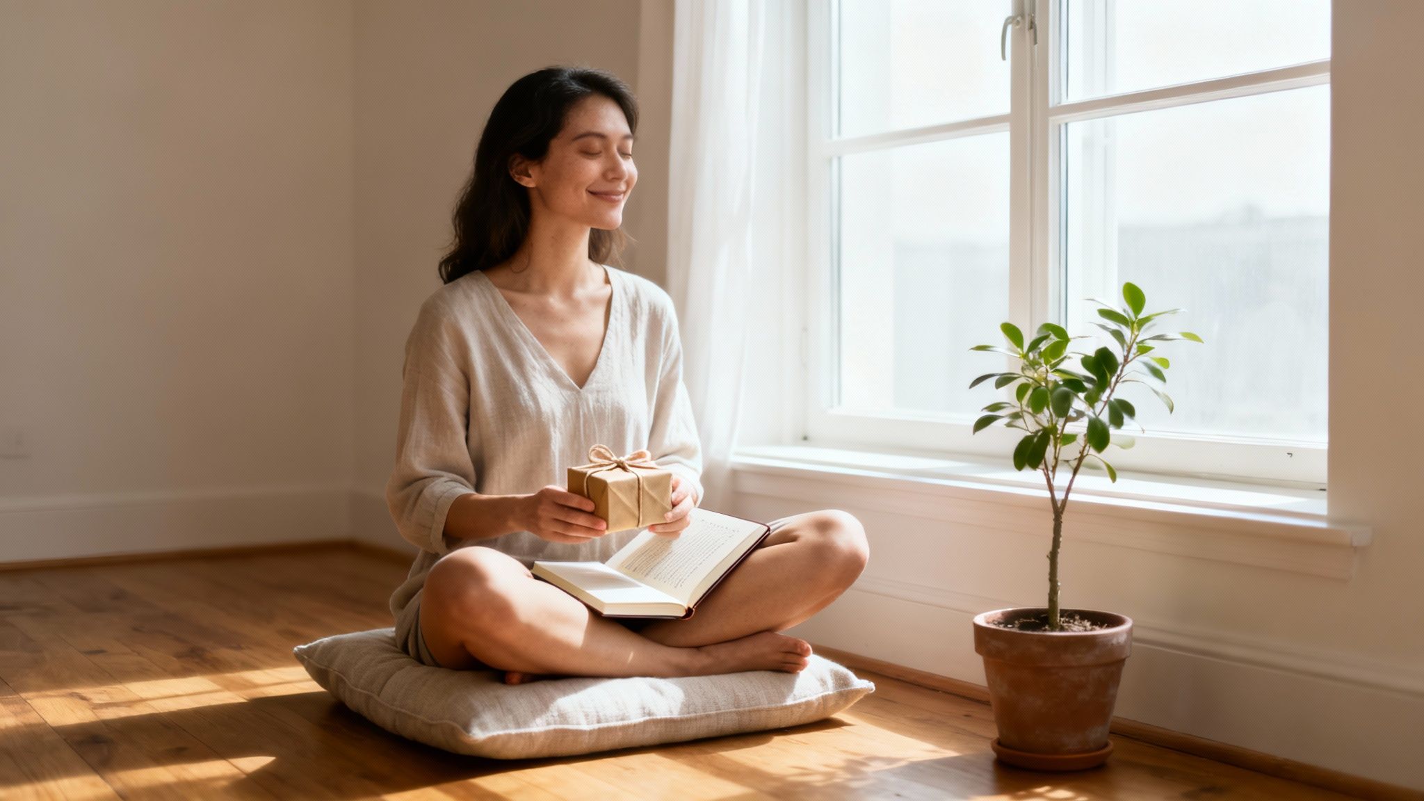 Woman sitting cross-legged on cushion holding wrapped gift with open book and potted plant nearby
