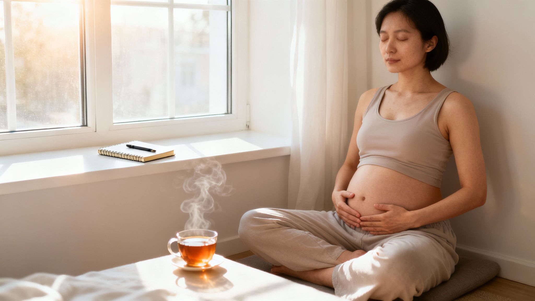 Peaceful pregnant Asian woman practices mindfulness, sitting by a sunny window with tea.
