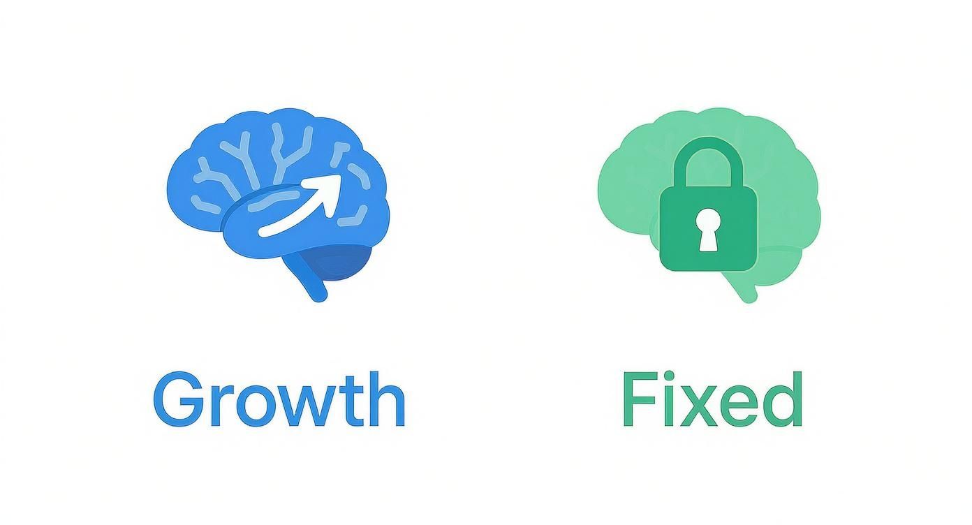 An image comparing a growth mindset (blue brain with arrow) and a fixed mindset (green brain with padlock).