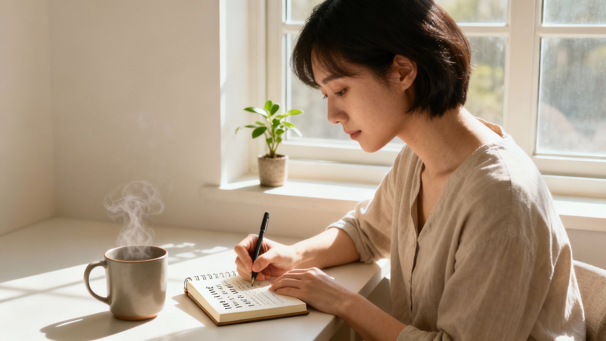 A person writes in a notebook with a pen next to a steaming mug by a sunny window.
