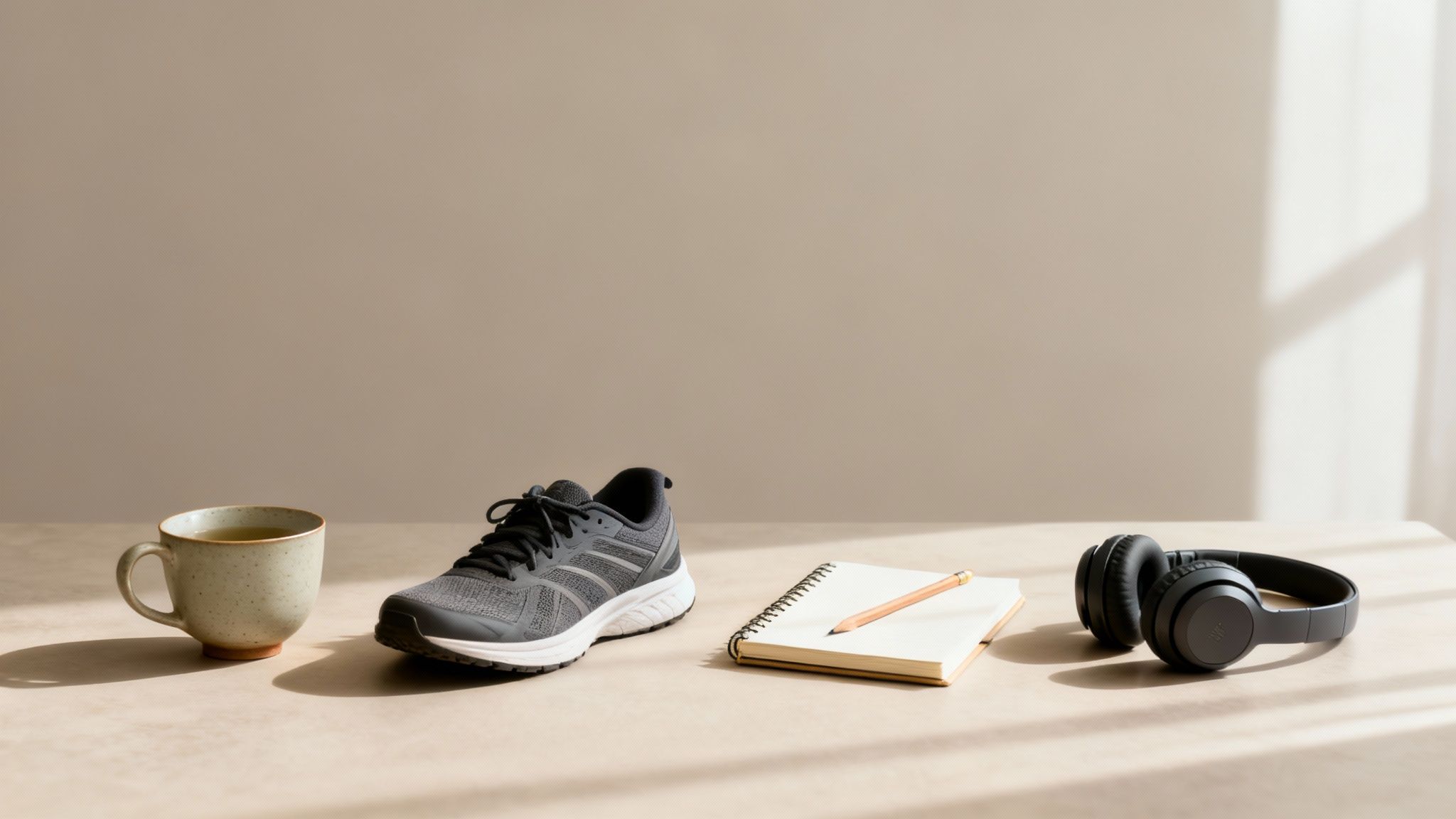 A self-care routine setup with tea, running shoes, a notebook, and headphones on a table.
