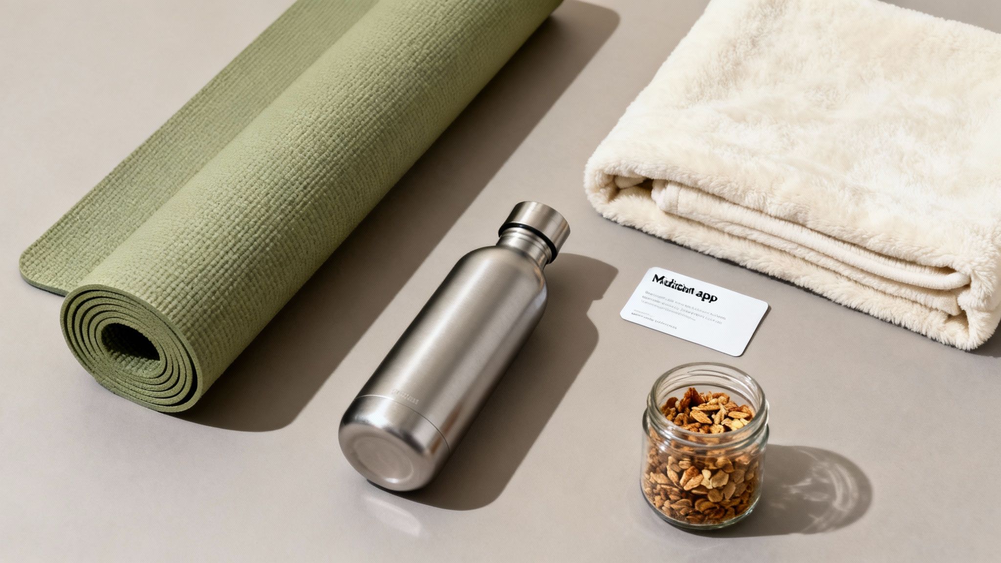 Wellness essentials flatlay featuring green yoga mat, water bottle, towel, snacks, and meditation app card