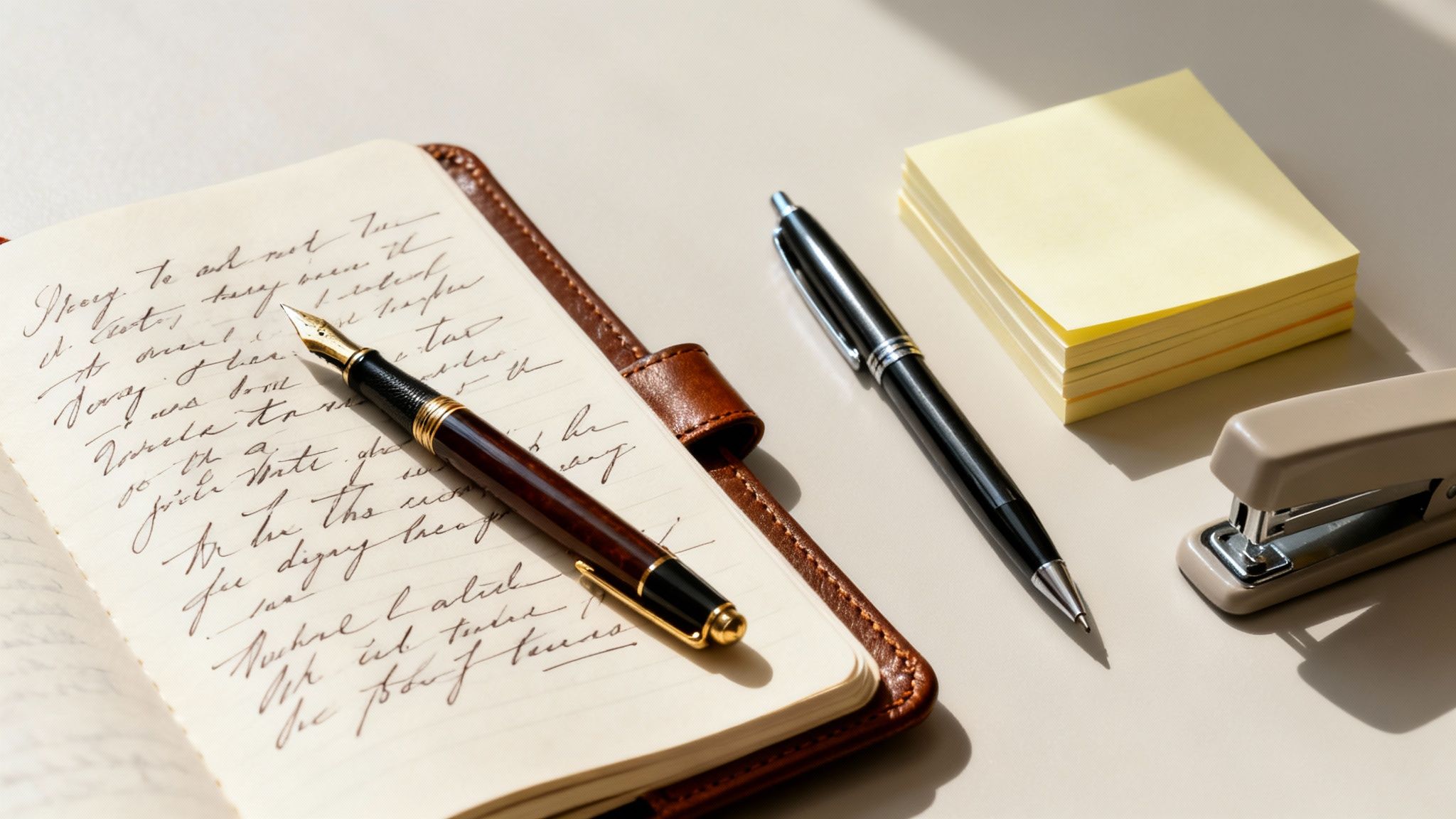 A desk scene with a fountain pen resting on a handwritten notebook, alongside a ballpoint pen, sticky notes, and a stapler.