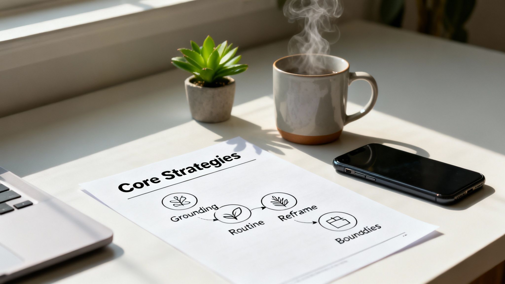 A document detailing 'Core Strategies' with steps like grounding, routine, and boundaries, next to coffee, a plant, and a laptop.