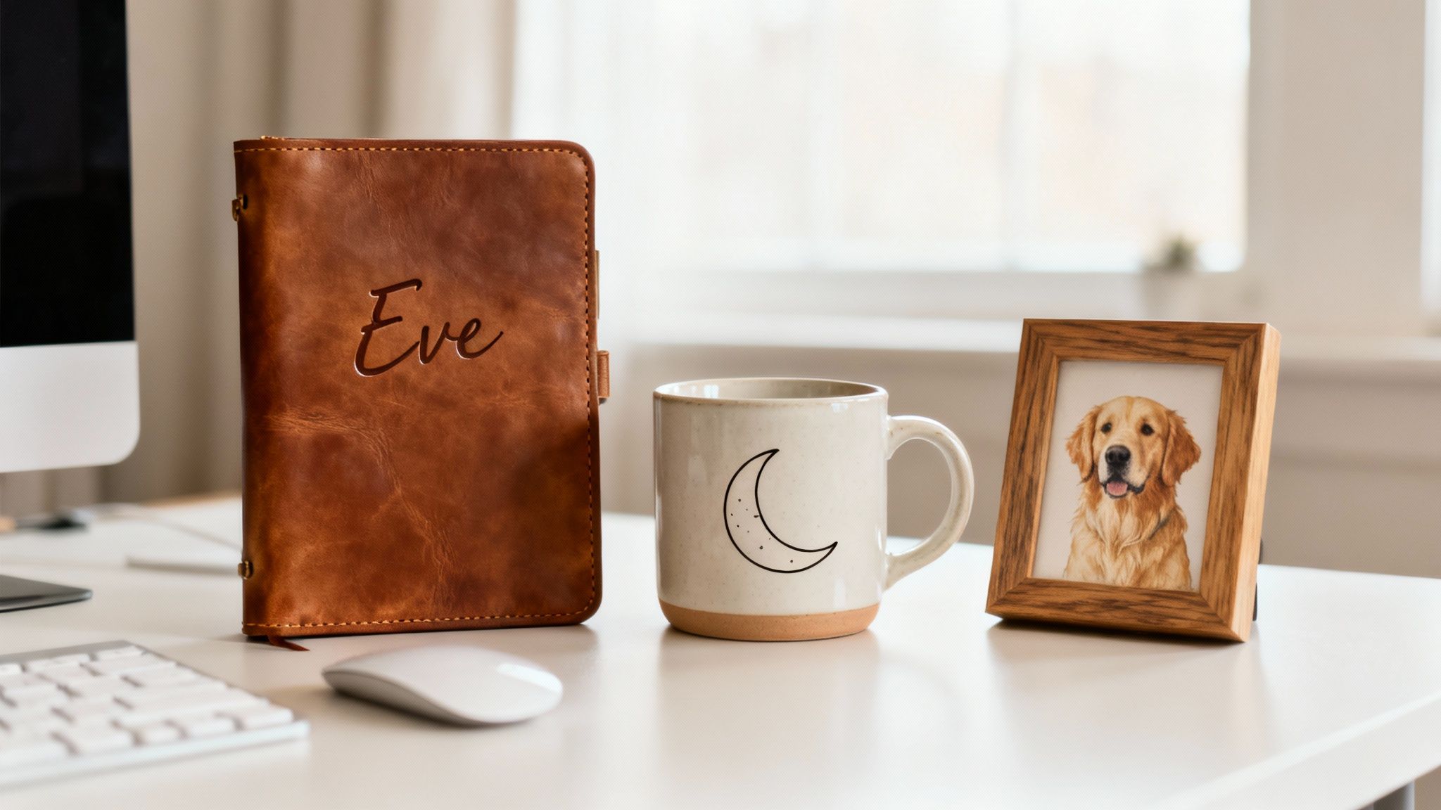 A personalized leather journal, a moon mug, and a framed golden retriever photo on a white desk.