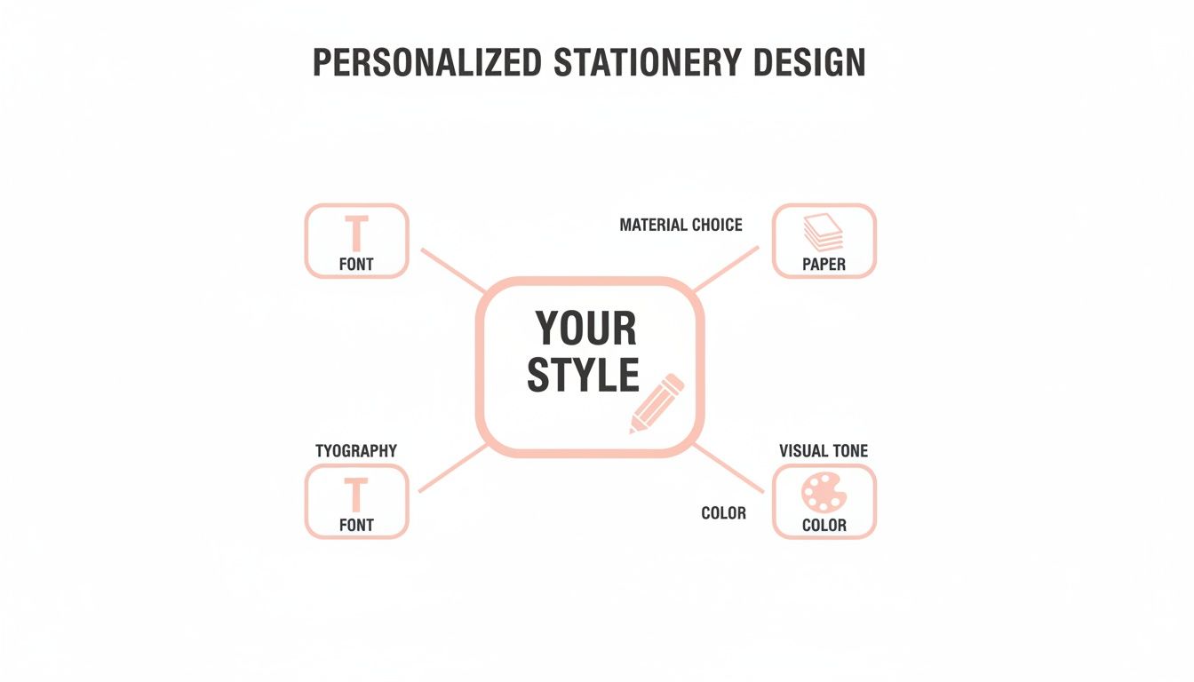 A design concept map showing elements for personalized stationery including font, material, and color.