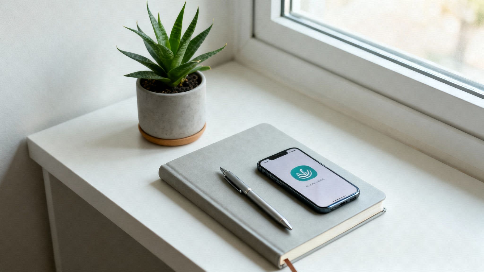 A neat desk setup with a potted plant, smartphone, gray notebook, and silver pen.