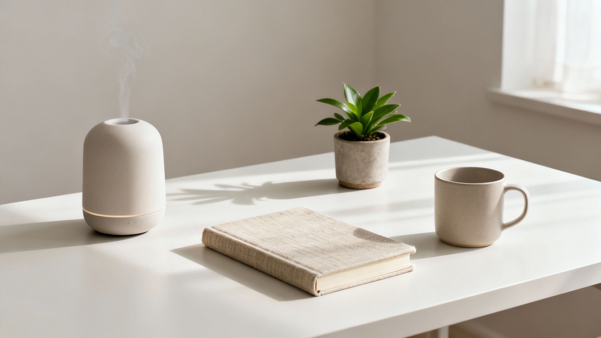 A serene indoor setting with a diffuser, a potted plant, a book, and a mug on a table.