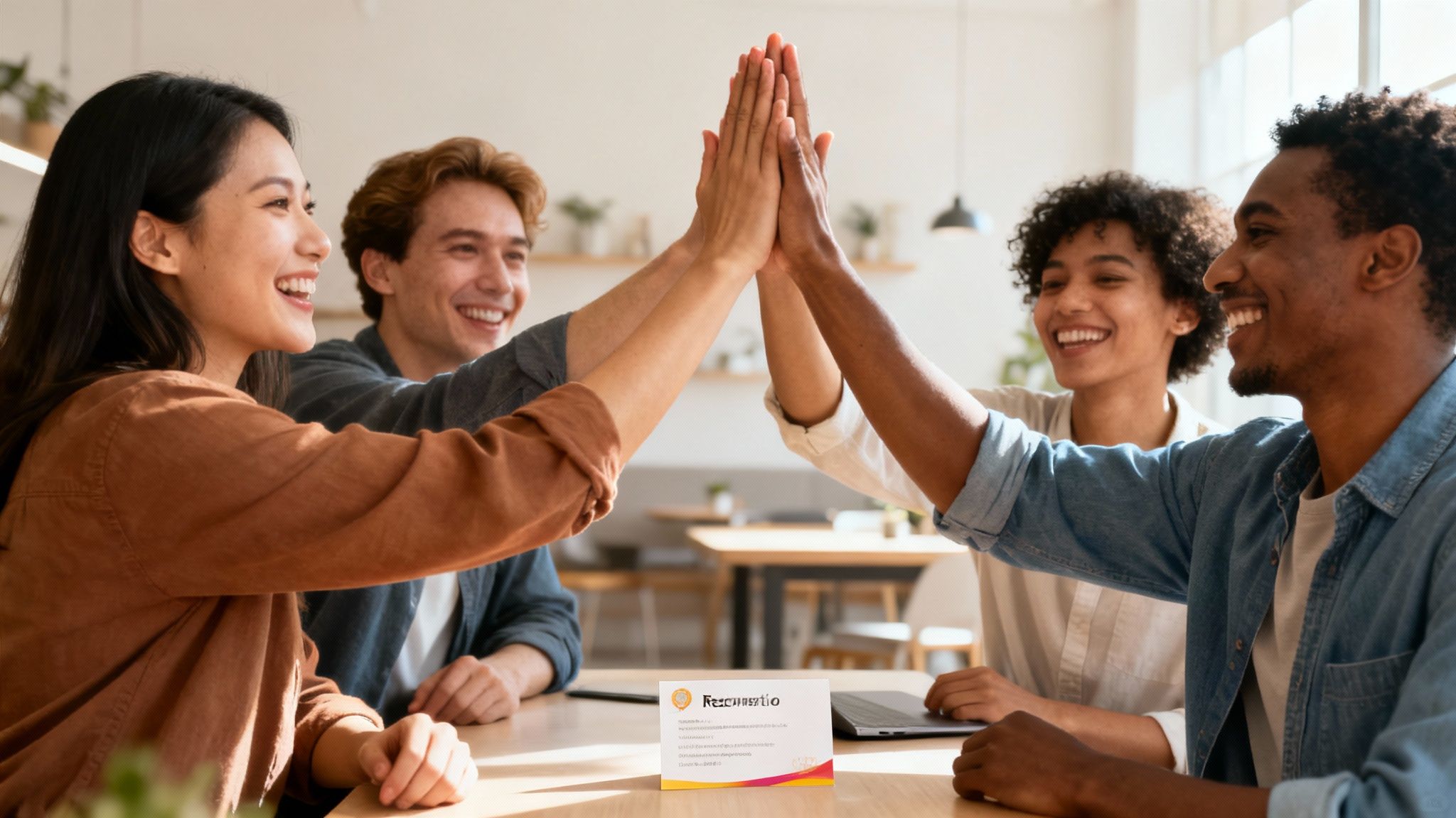 Diverse team of young professionals giving high five celebrating success together in modern office