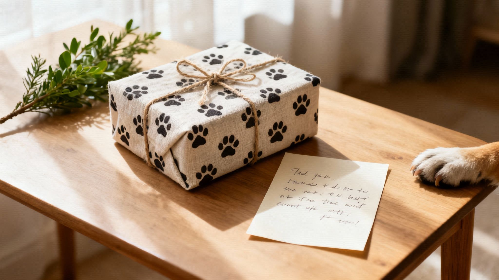 A thoughtful pet-themed gift box with paw prints, twine, a note, and a dog's paw on a wooden table.