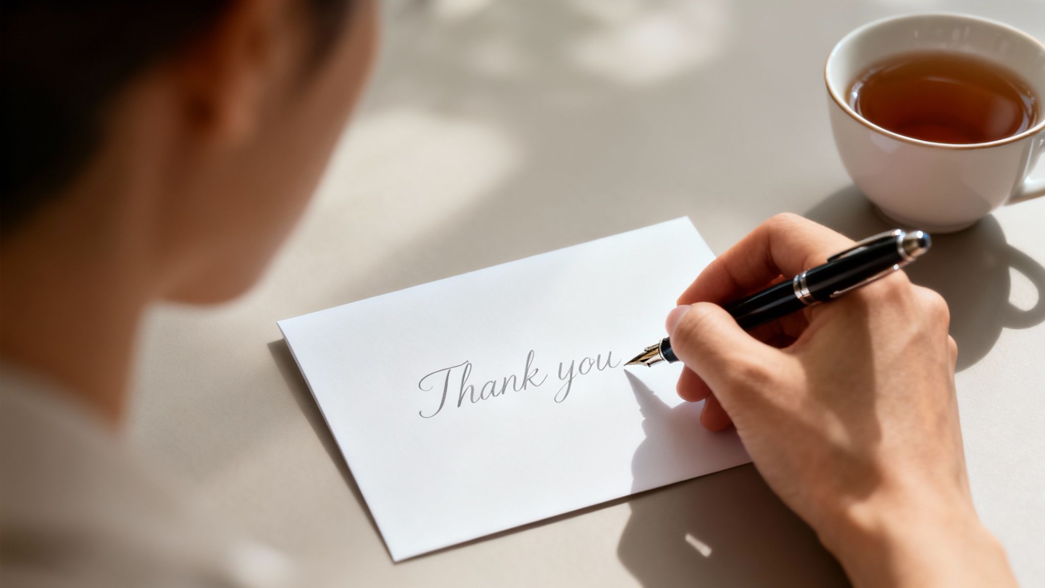 A person's hand writes 'Thank you' on a white note card with a fountain pen, with a cup of tea nearby.
