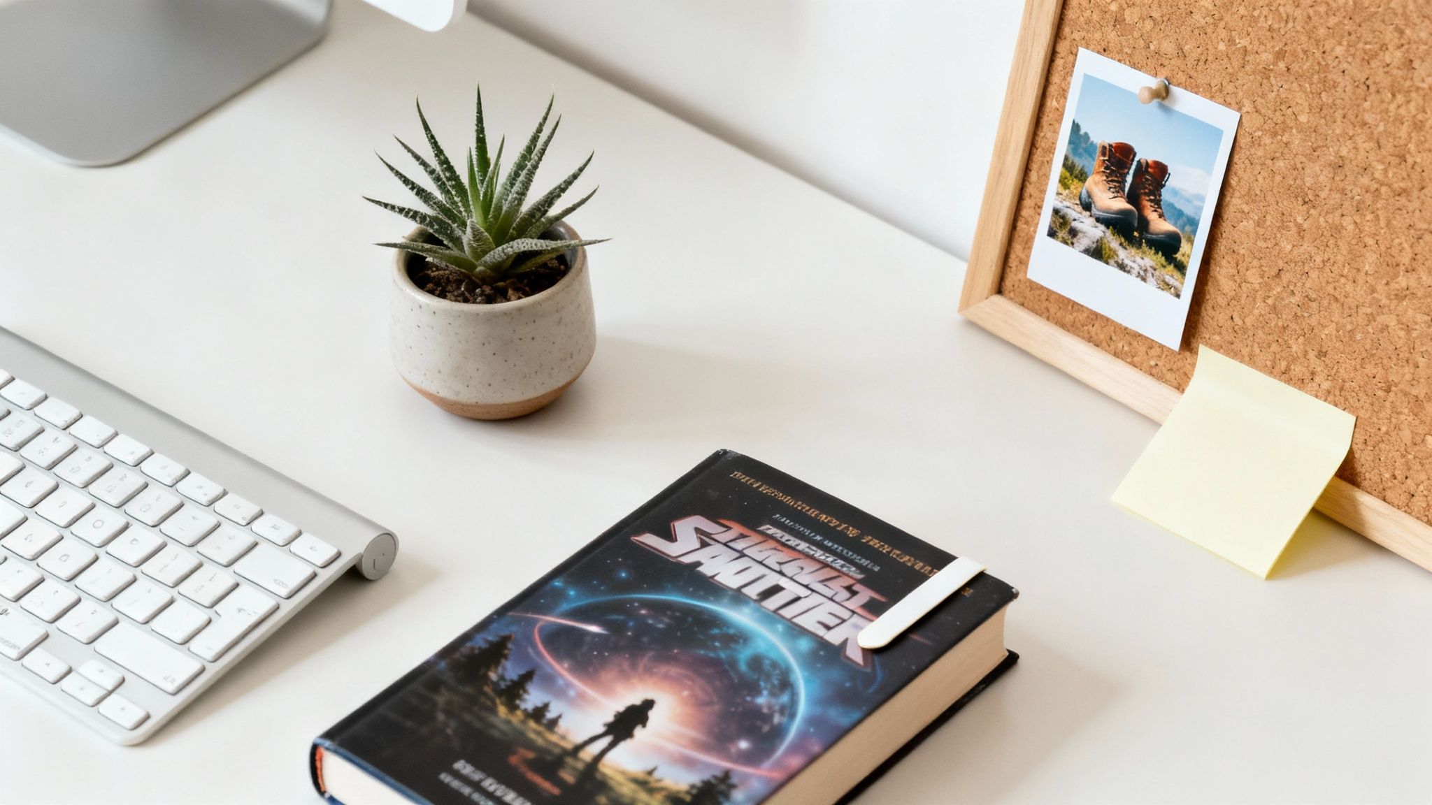 A bright and organized desk workspace featuring a succulent, keyboard, sci-fi book, and cork board with a hiking photo.
