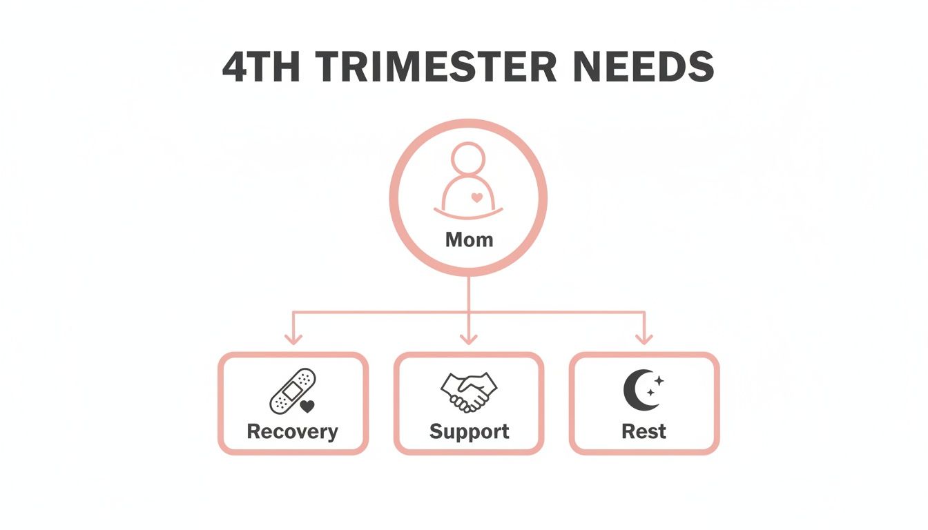 A diagram outlining 4th trimester needs for a mom: recovery, support, and rest with relevant icons.