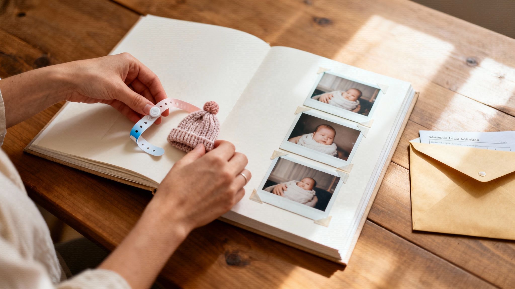 Hands arranging a baby's hospital wristband and hat into a photo album with newborn pictures.