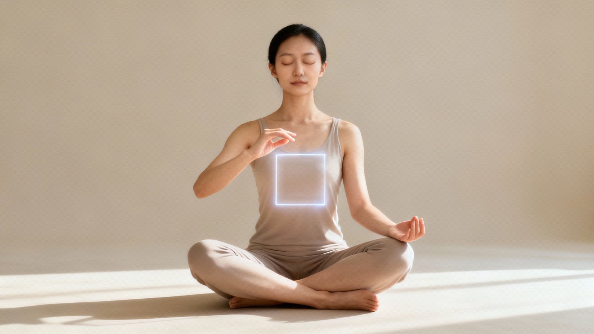 A young woman meditates in a lotus pose, focusing on a glowing blue square over her chest.