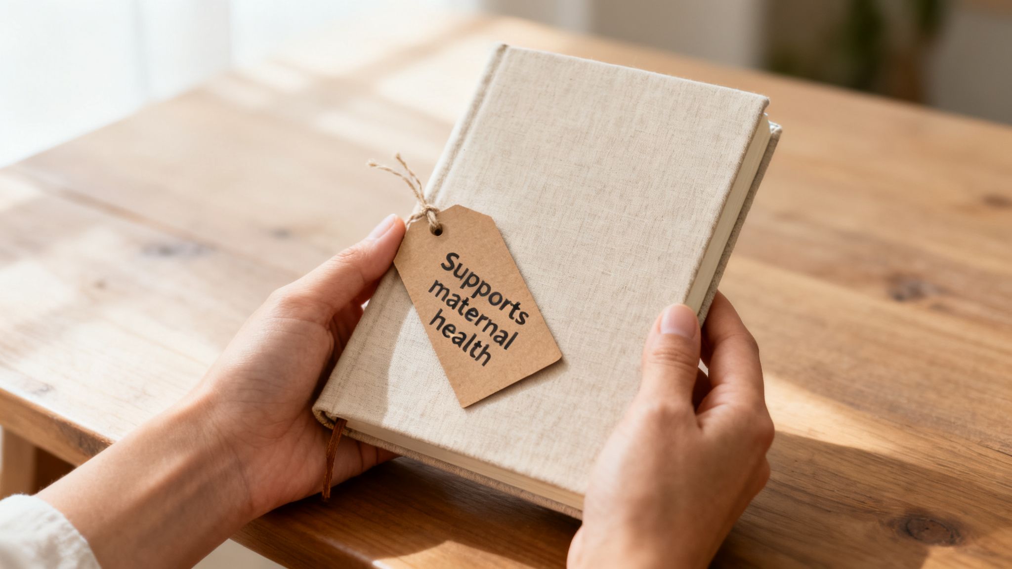 A person holds a light-colored book with a brown tag reading 'Supports maternal health' on a wooden table.