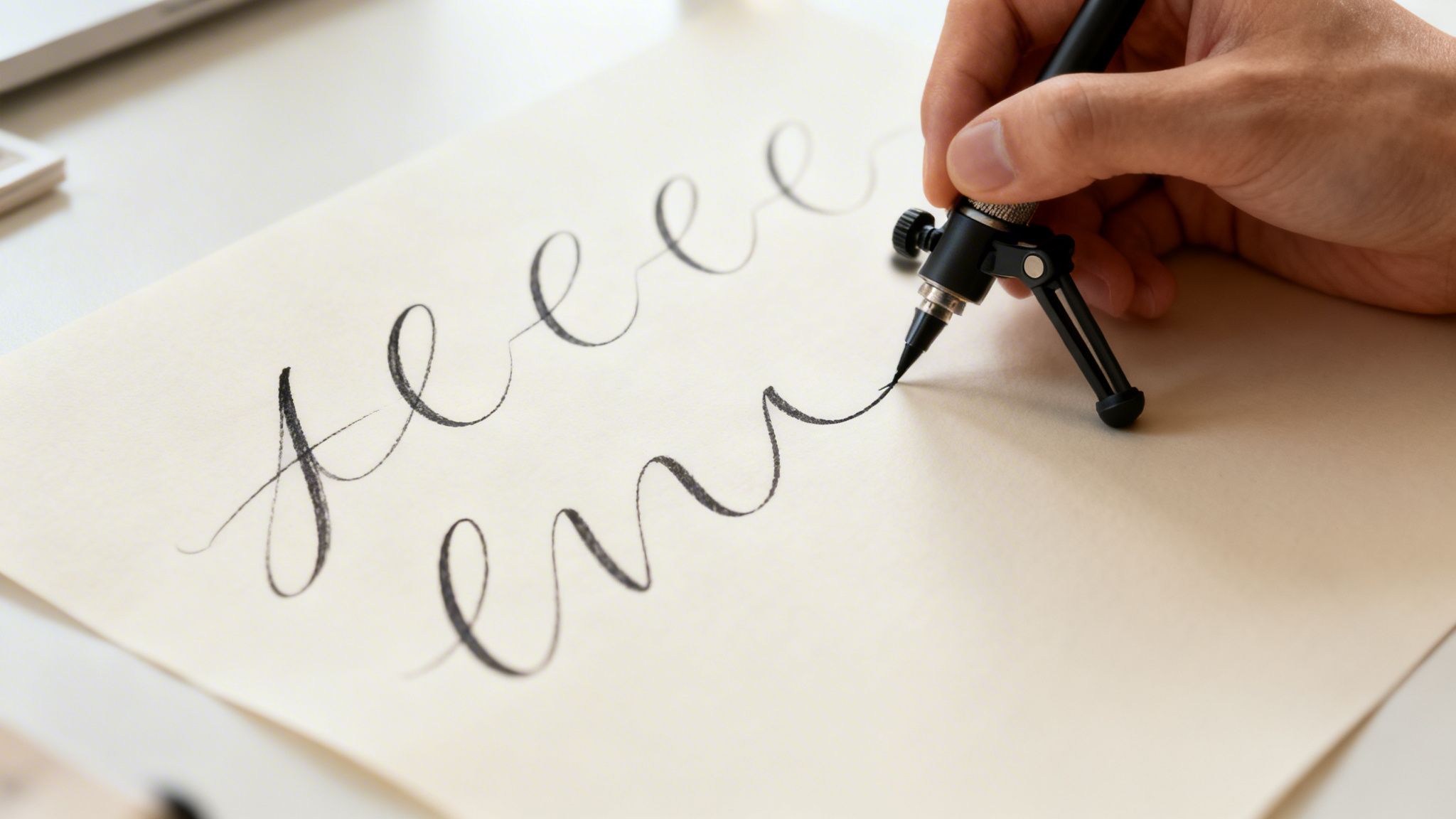 Close-up of a hand using a specialized pen to practice elegant calligraphy on light paper.