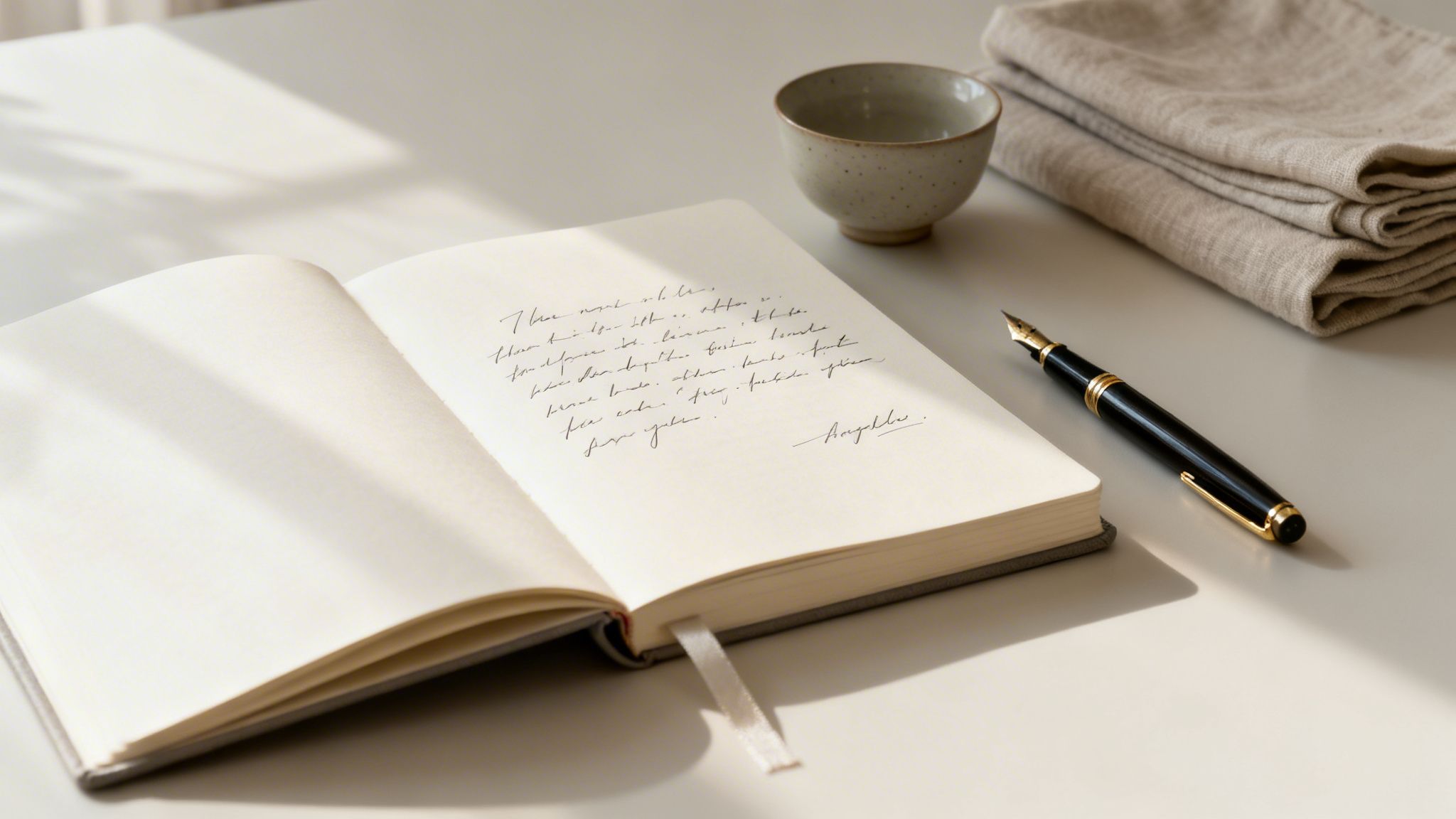 An open notebook with handwritten text and a fountain pen on a light desk, beside a bowl and linen fabric.