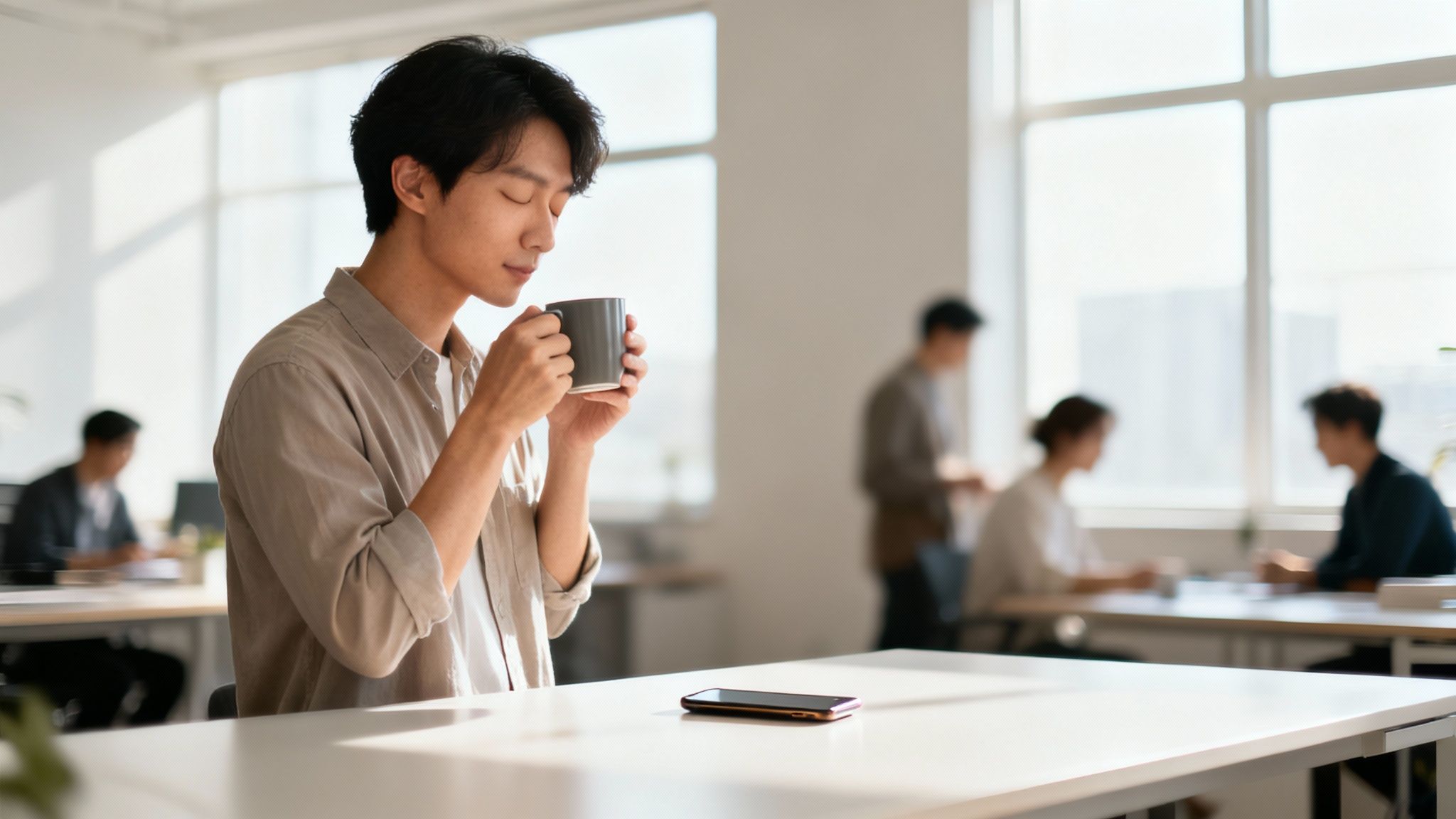 Young Asian man mindfully sips coffee, eyes closed, in a bright modern office setting.