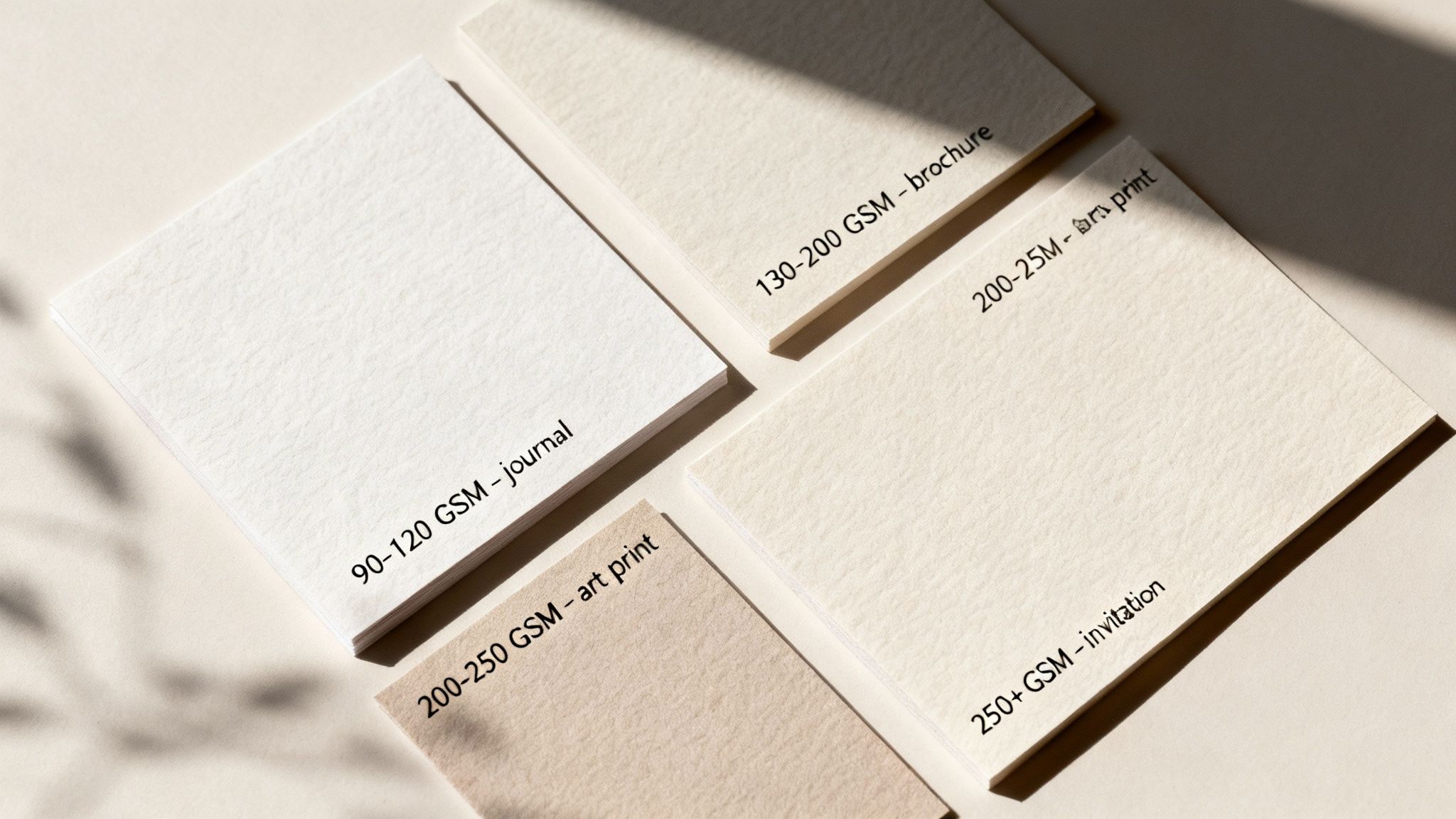 Several textured paper swatches demonstrating different GSM weights and recommended uses for printing.