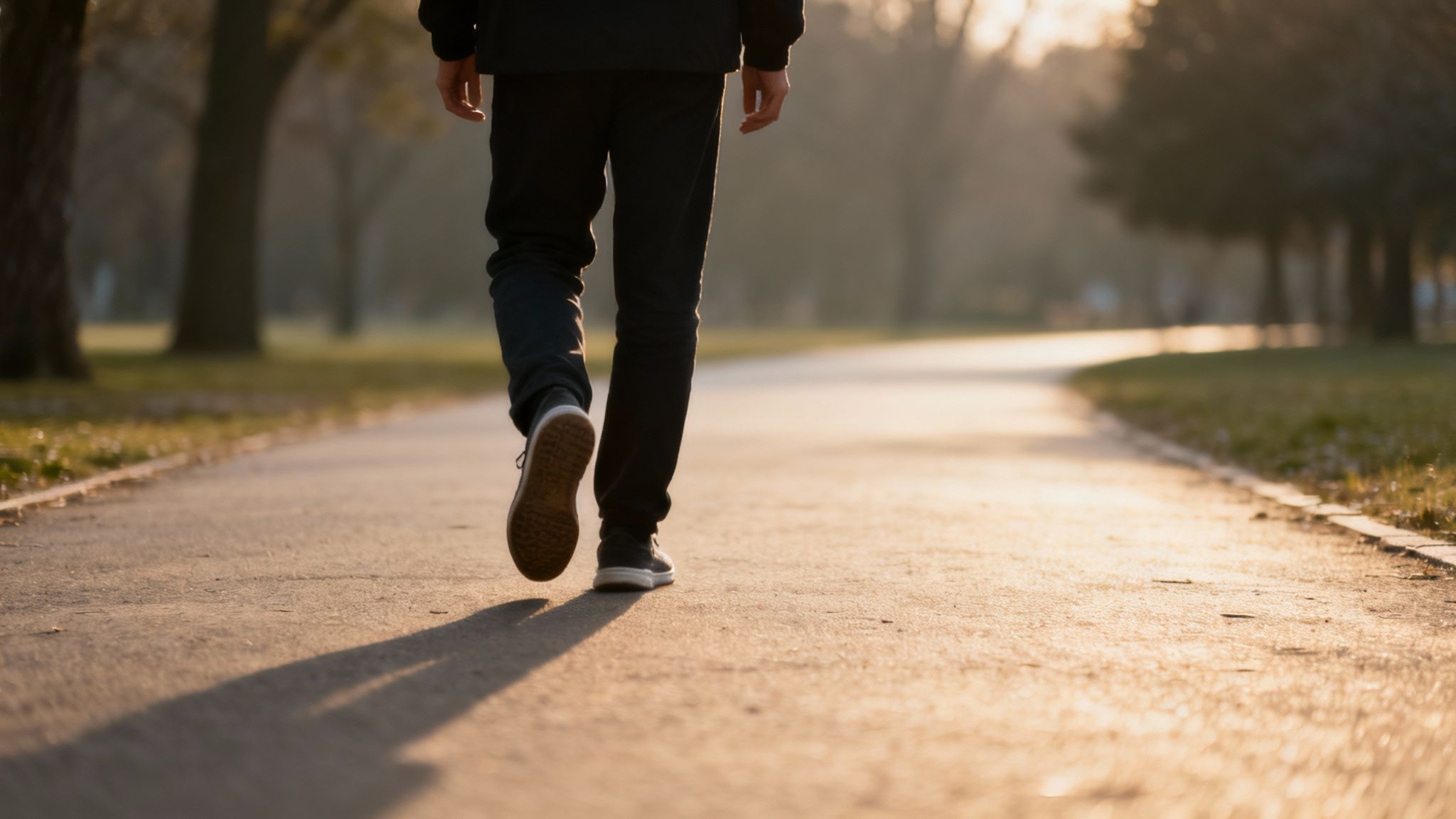 A person walking on a paved path in a park during golden hour, seen from behind.