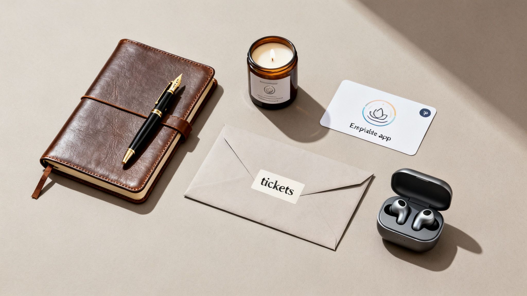 A curated flat lay of a brown leather journal, pen, lit candle, 'tickets' envelope, Empliaite app card, and earbuds.