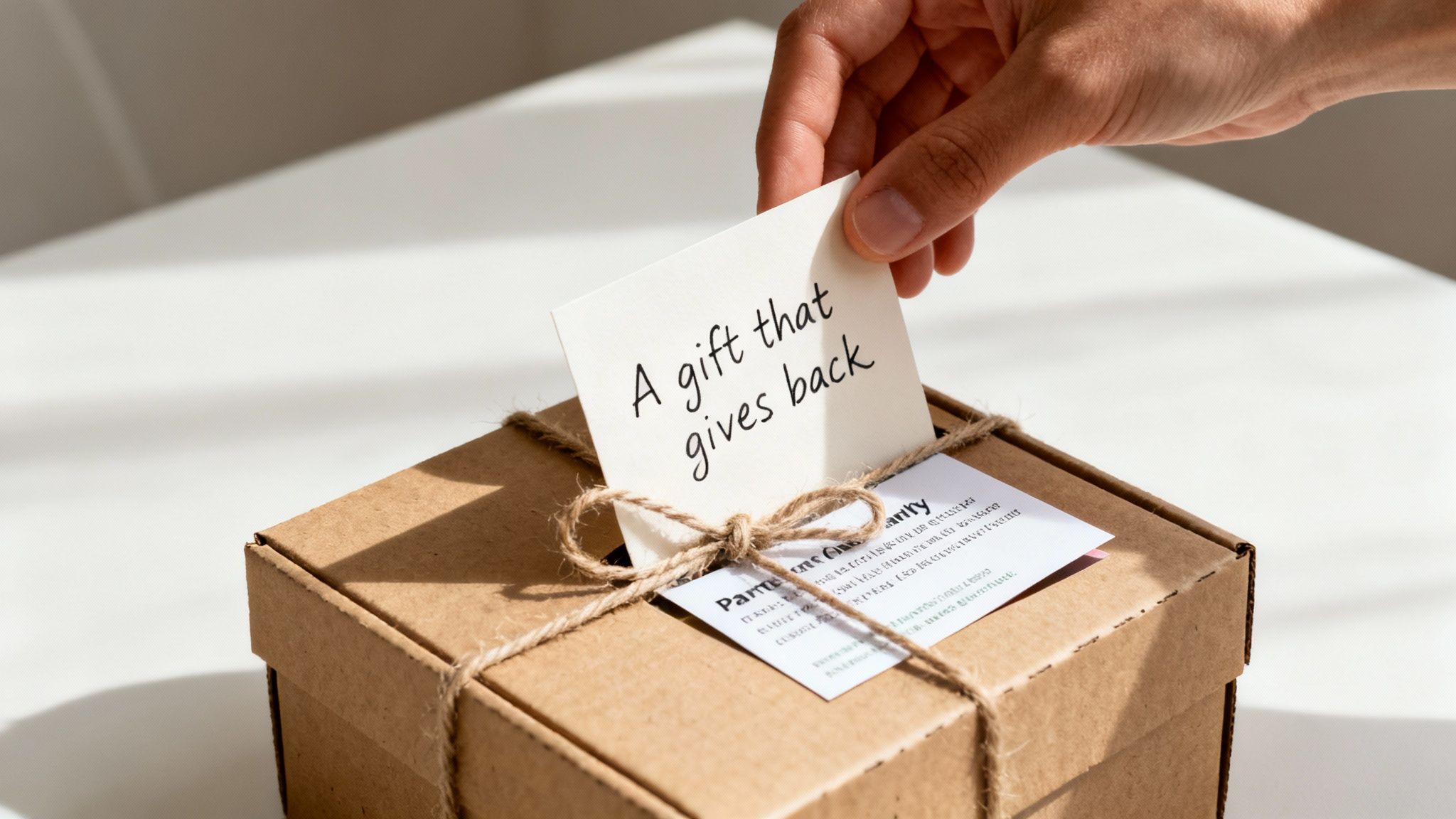 Close-up of a hand placing a handwritten note saying "A gift that gives back" into a brown gift box.