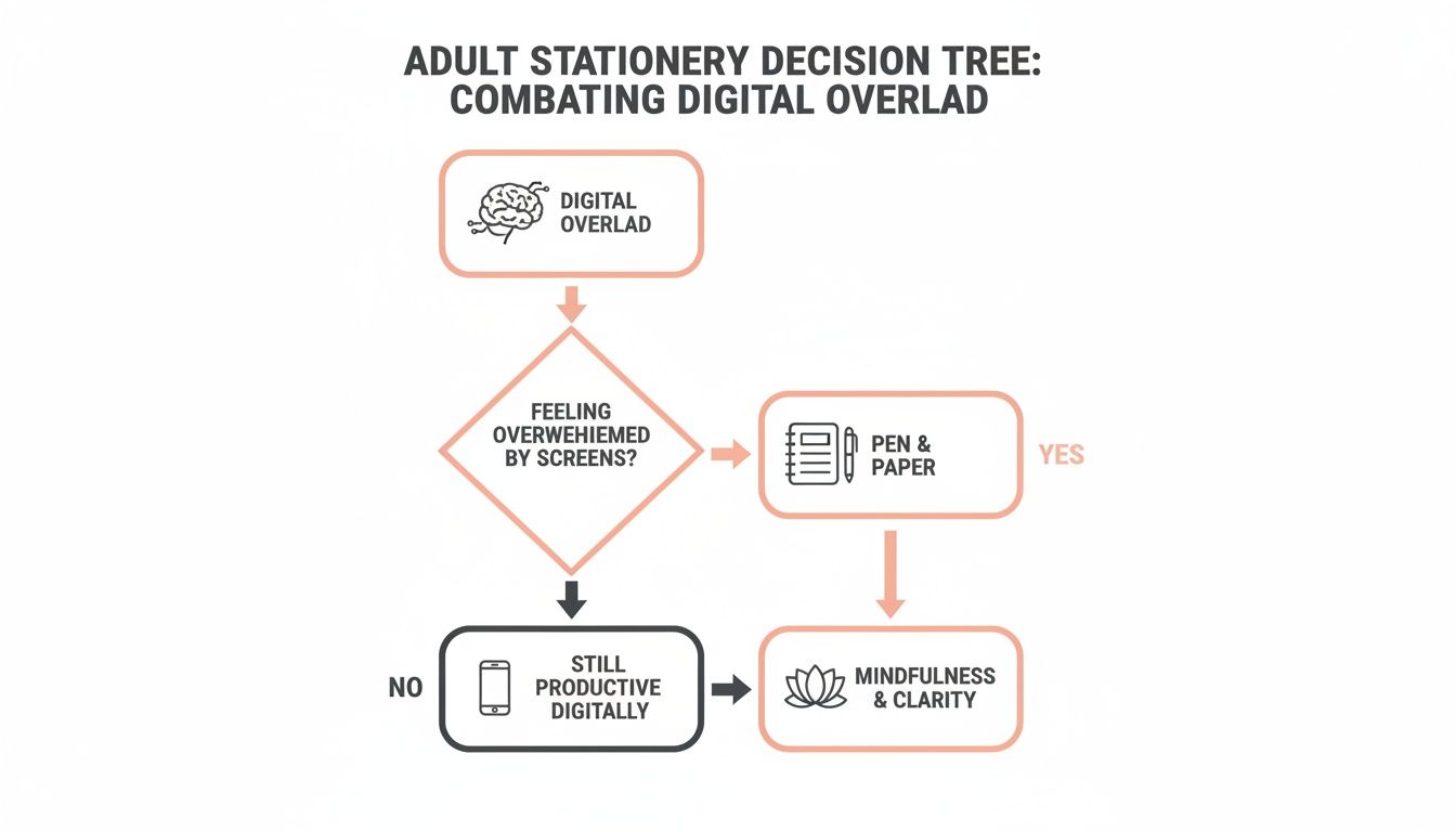 A decision tree flow chart for adults to combat digital overload using stationery or digital tools.