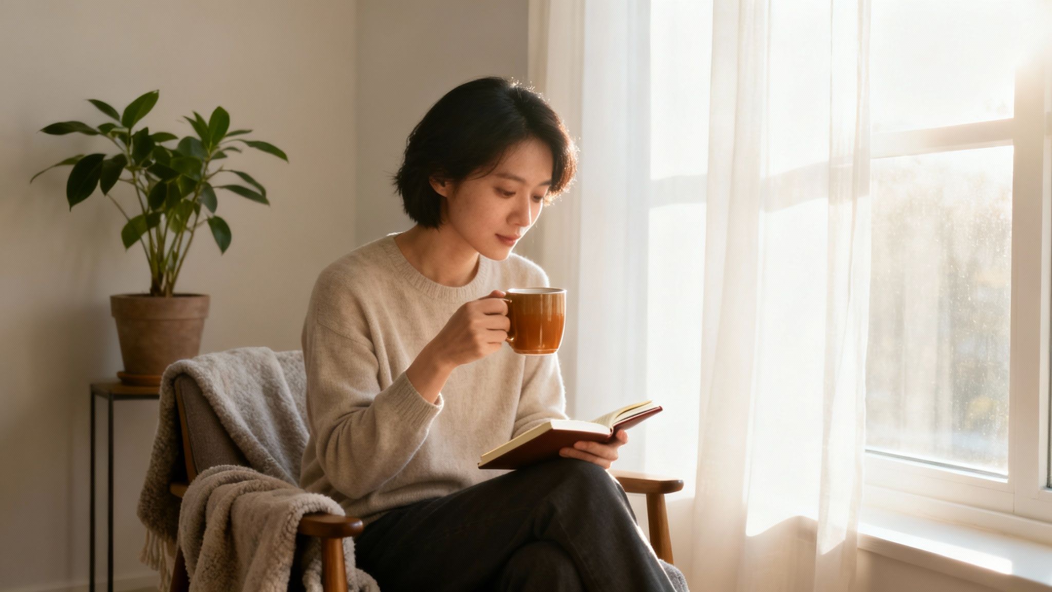 Young woman enjoys a warm drink and book in a cozy, sunlit room.