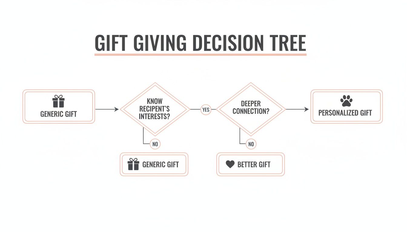 A gift-giving decision tree flowchart illustrating choices from generic to personalized gifts based on recipient's interests and connection.