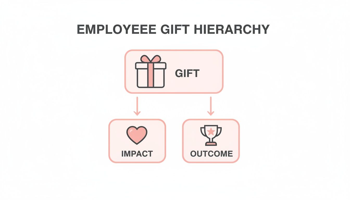 A diagram illustrating the employee gift hierarchy, showing Gift leading to Impact and Outcome.