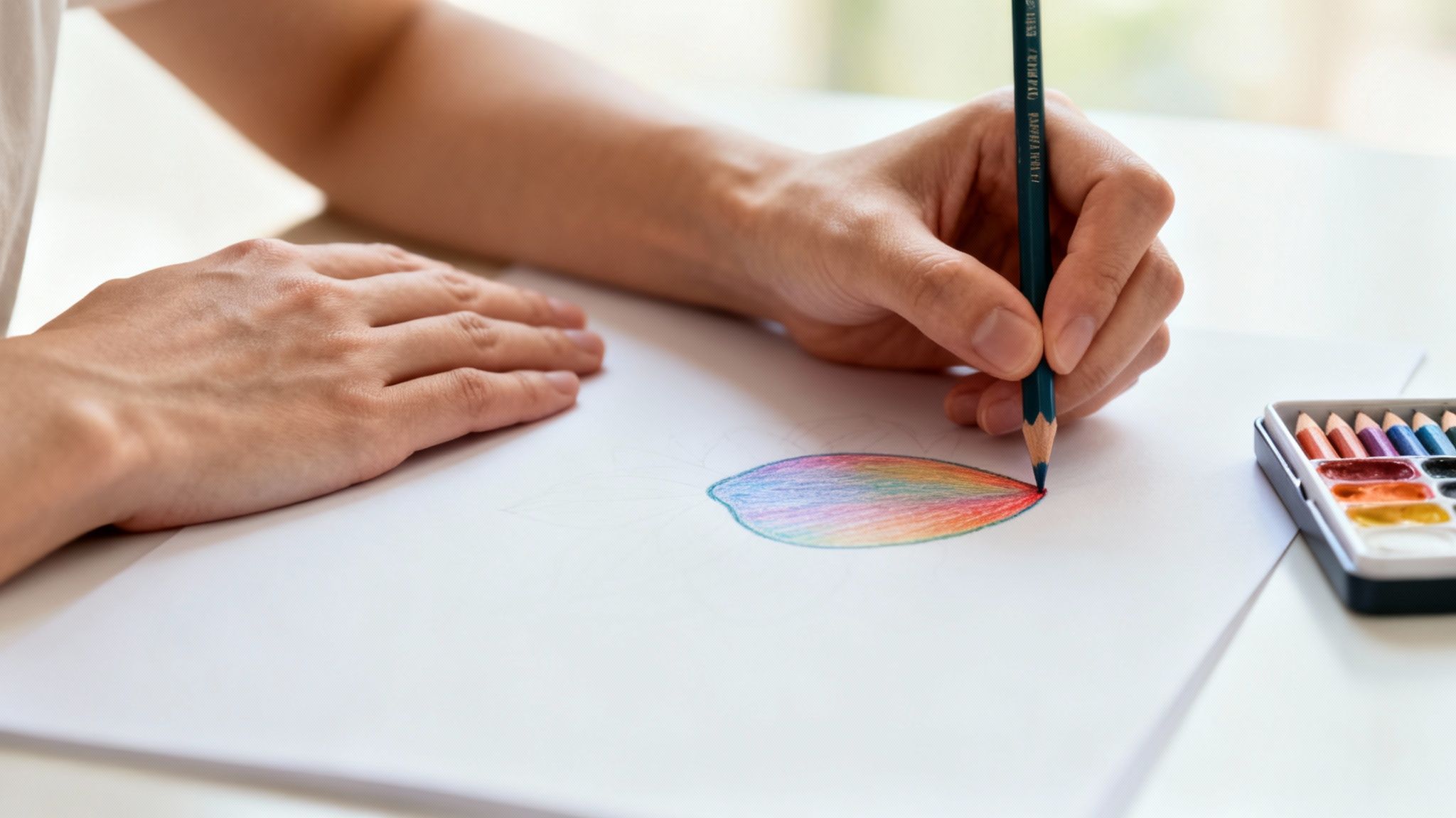 A person's hands coloring a vibrant, rainbow-like petal shape on white paper, with watercolors nearby.