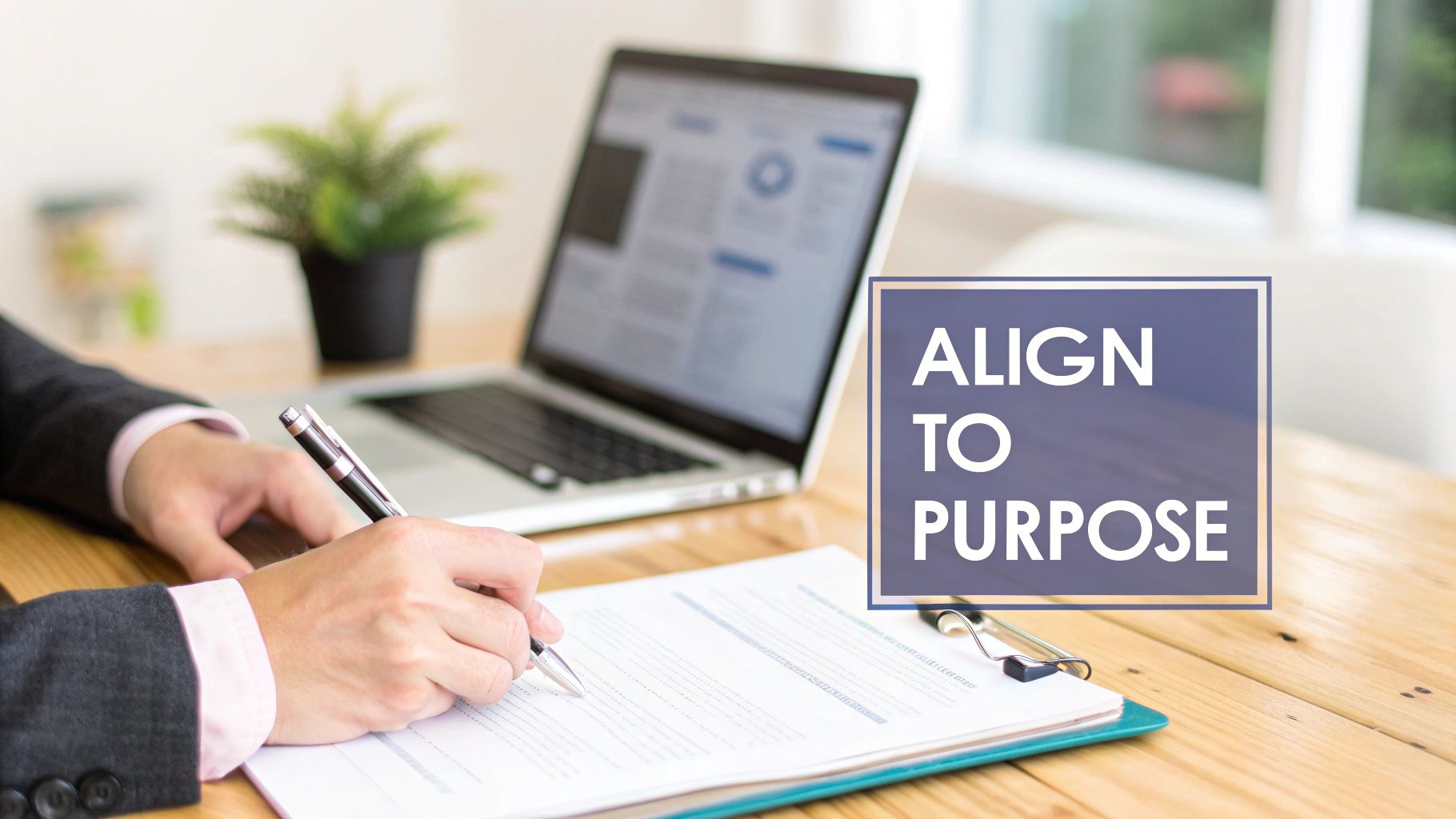 A person sitting calmly at their desk, looking out the window with a relaxed expression.