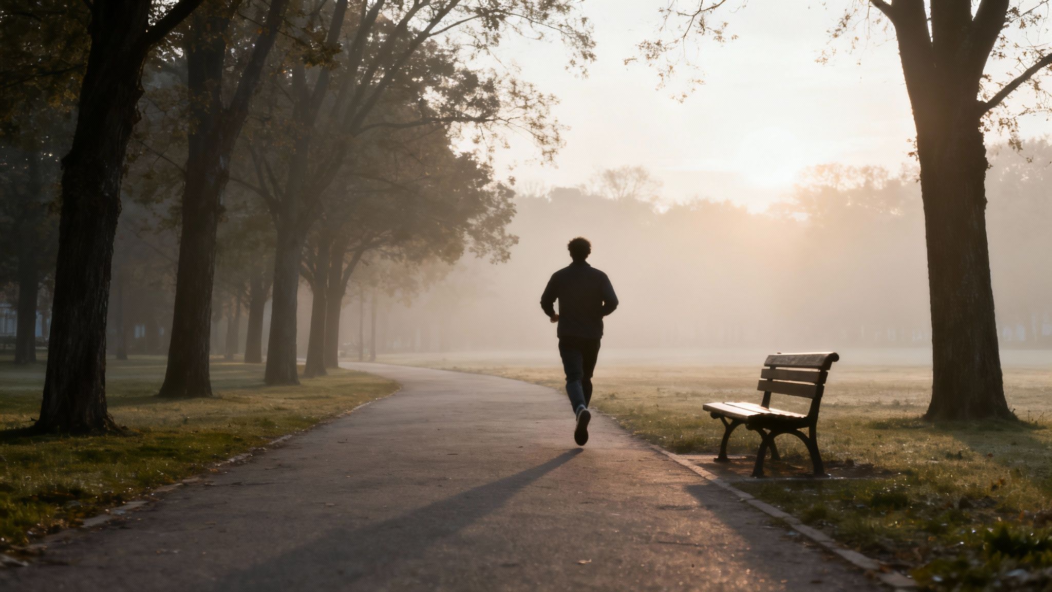 A person jogs on a park path during a foggy sunrise, with trees and a bench.