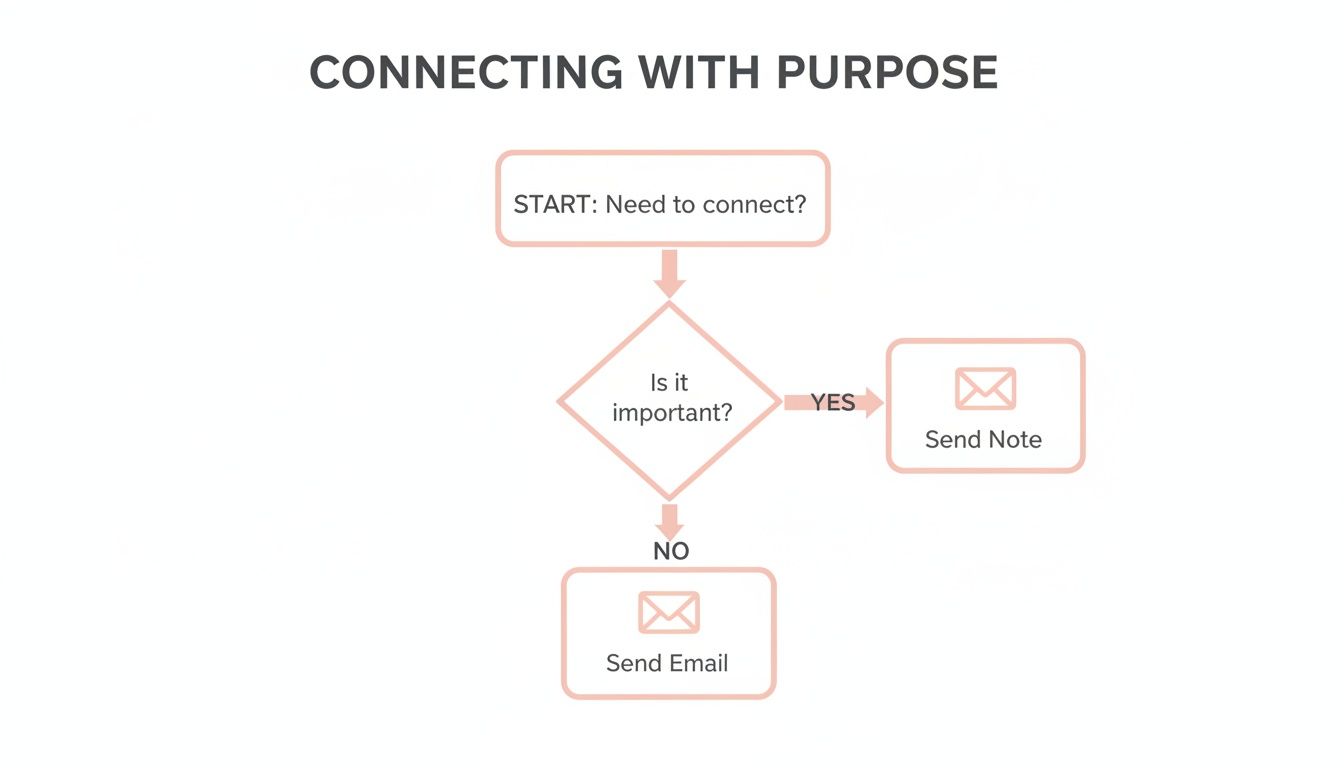 Flowchart titled 'Connecting With Purpose' guiding whether to send a note or email based on importance.