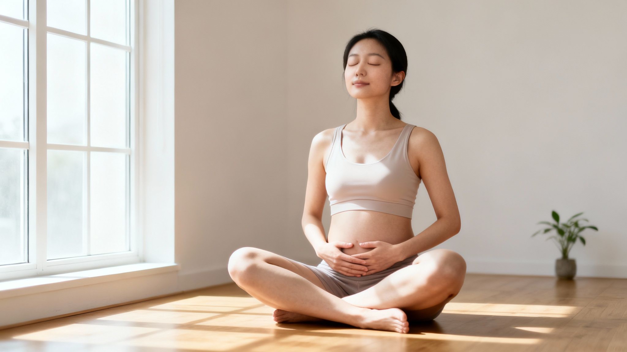 Pregnant Asian woman meditating peacefully, sitting cross-legged in a bright room with hands on her belly.