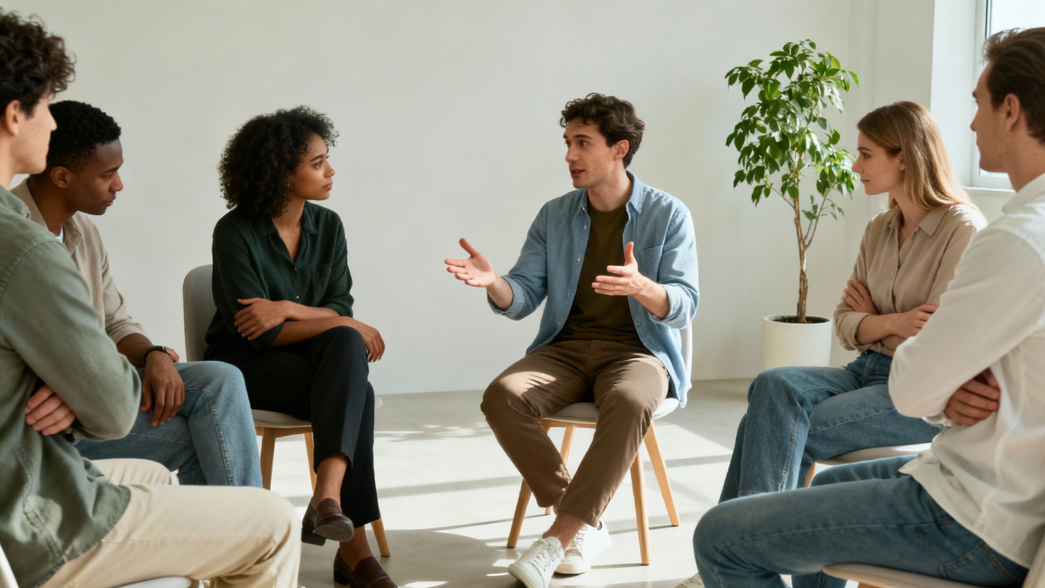 Group of diverse colleagues communicating effectively in a modern office space