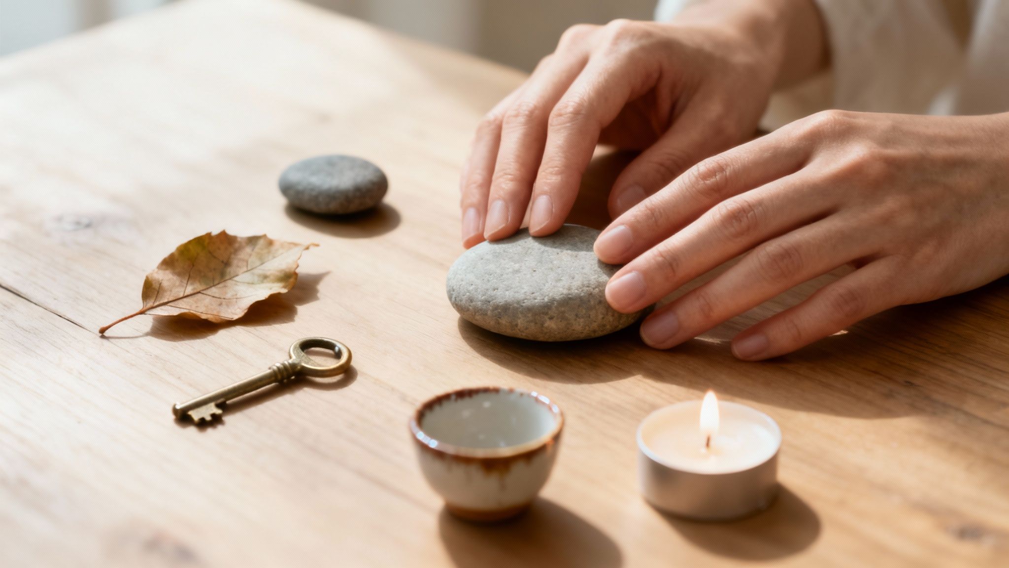 Hands gently caress a smooth stone, surrounded by objects for peaceful meditation and calm.