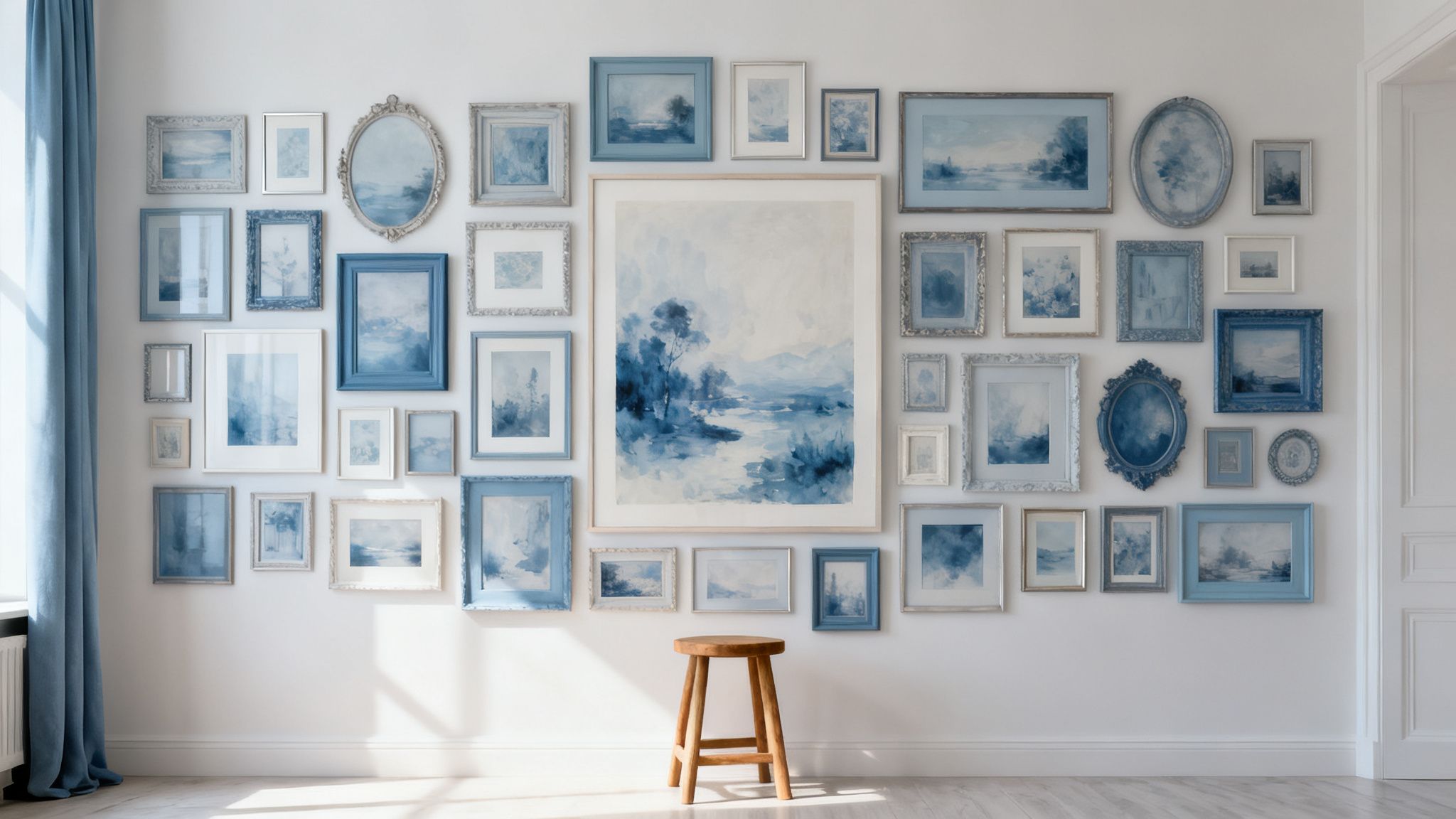 A gallery wall with various blue landscape paintings in diverse frames and sizes on a white wall.