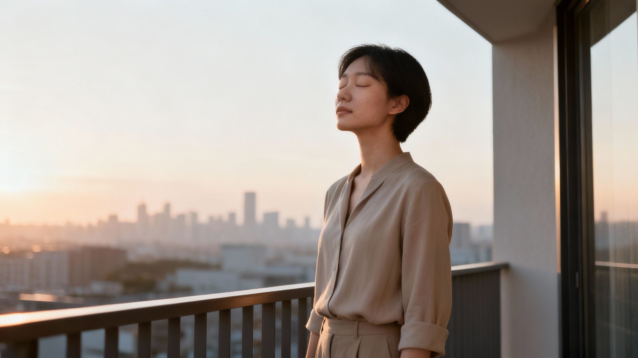 A serene woman with closed eyes meditates on a balcony overlooking a city skyline at sunset.