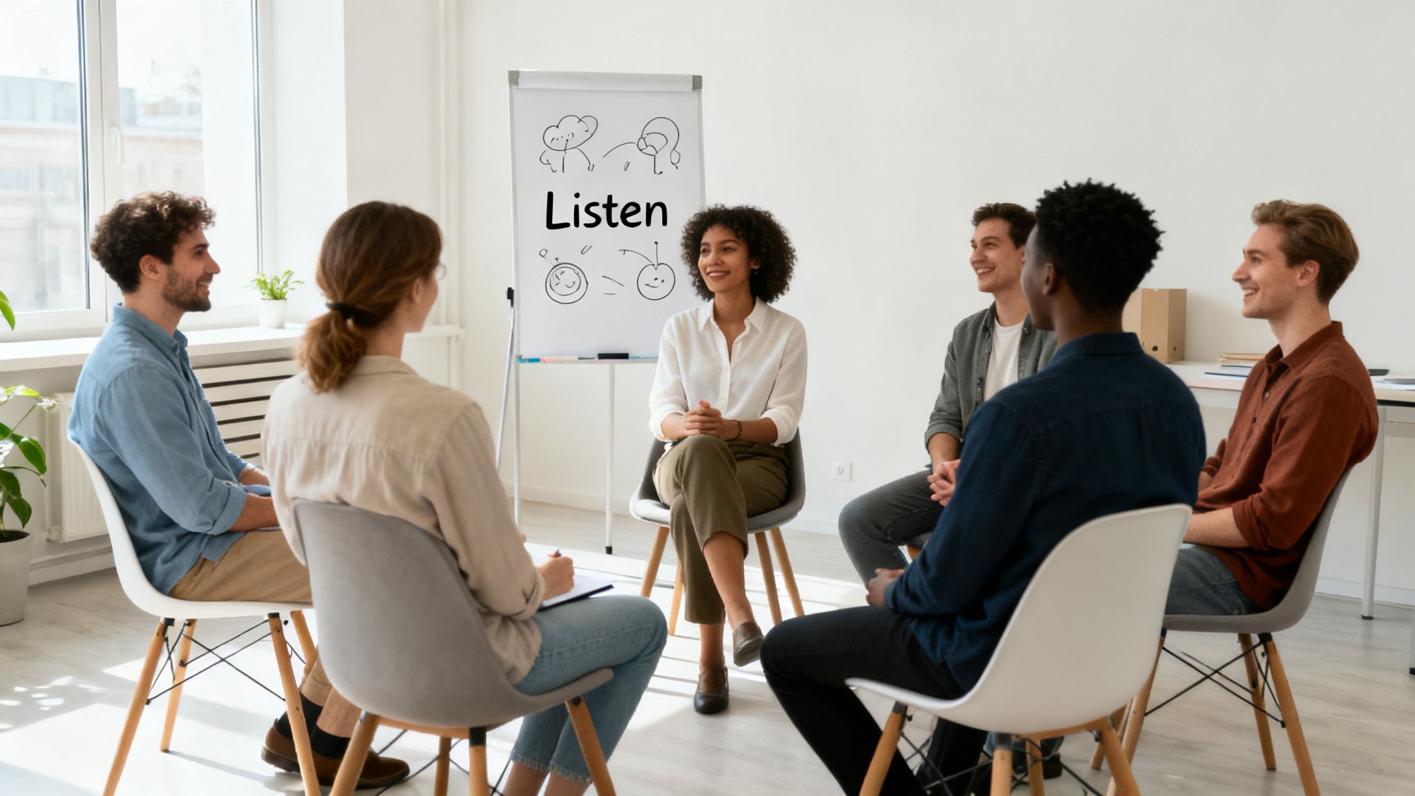 Diverse adults sit in a circle, attentively listening to a woman speaking, with 'Listen' on a whiteboard.