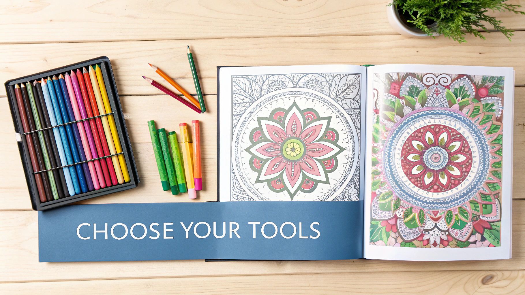 A person's hands holding colored pencils over an open coloring book with intricate patterns.