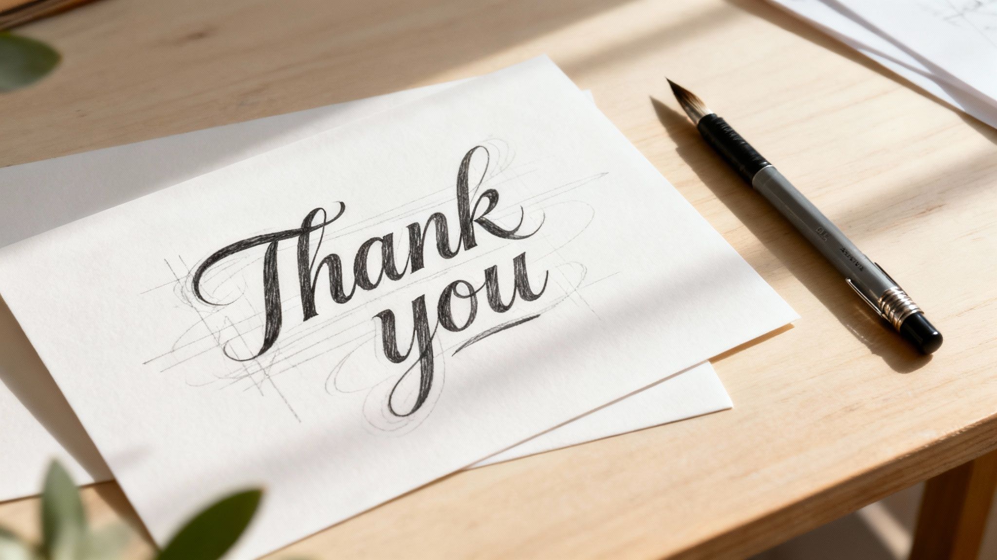 A white paper with 'Thank you' hand-lettered, along with a brush pen, on a light wooden table.