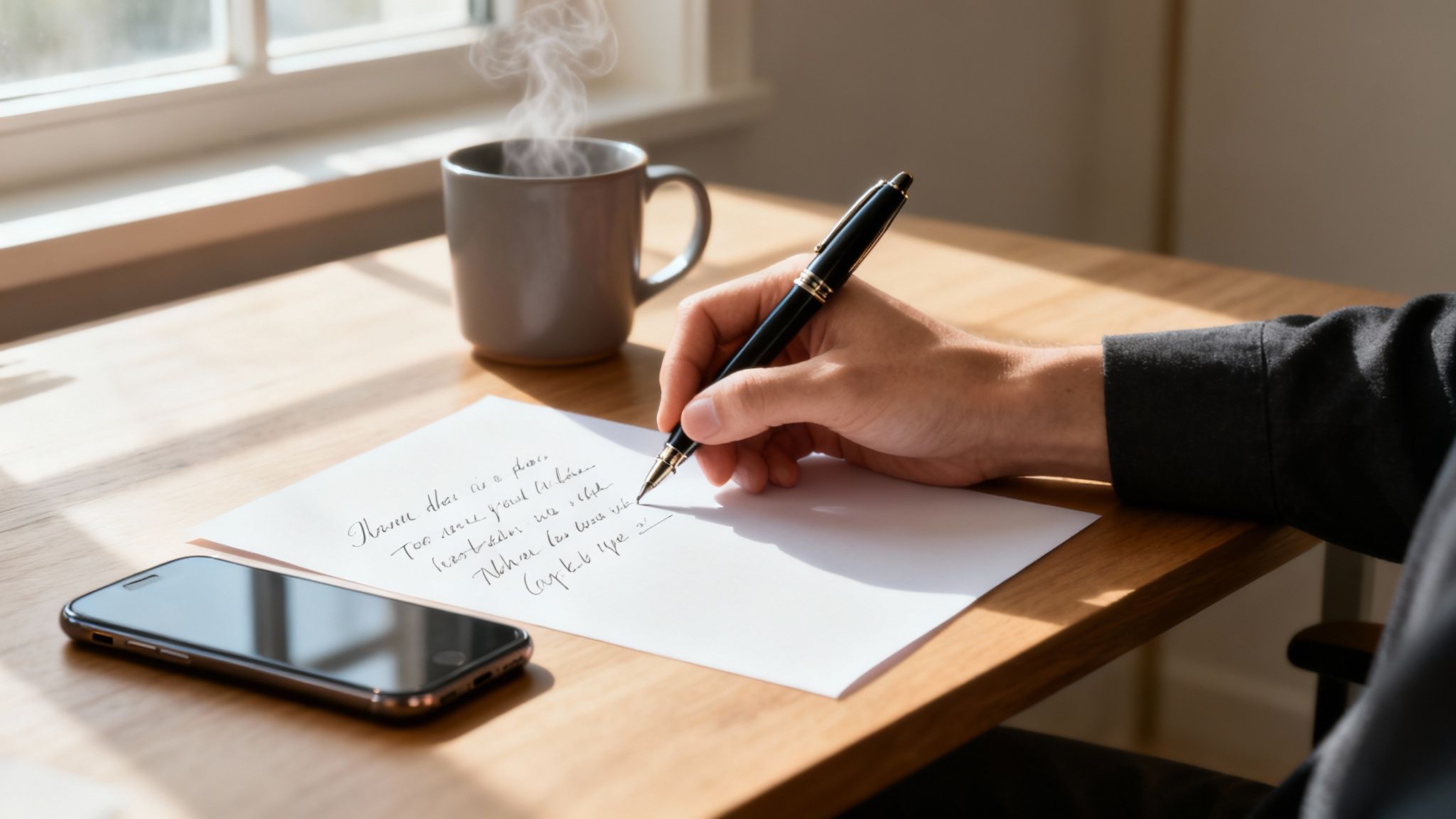 A person's hand writes a letter on a desk with a pen, steaming mug, and smartphone.