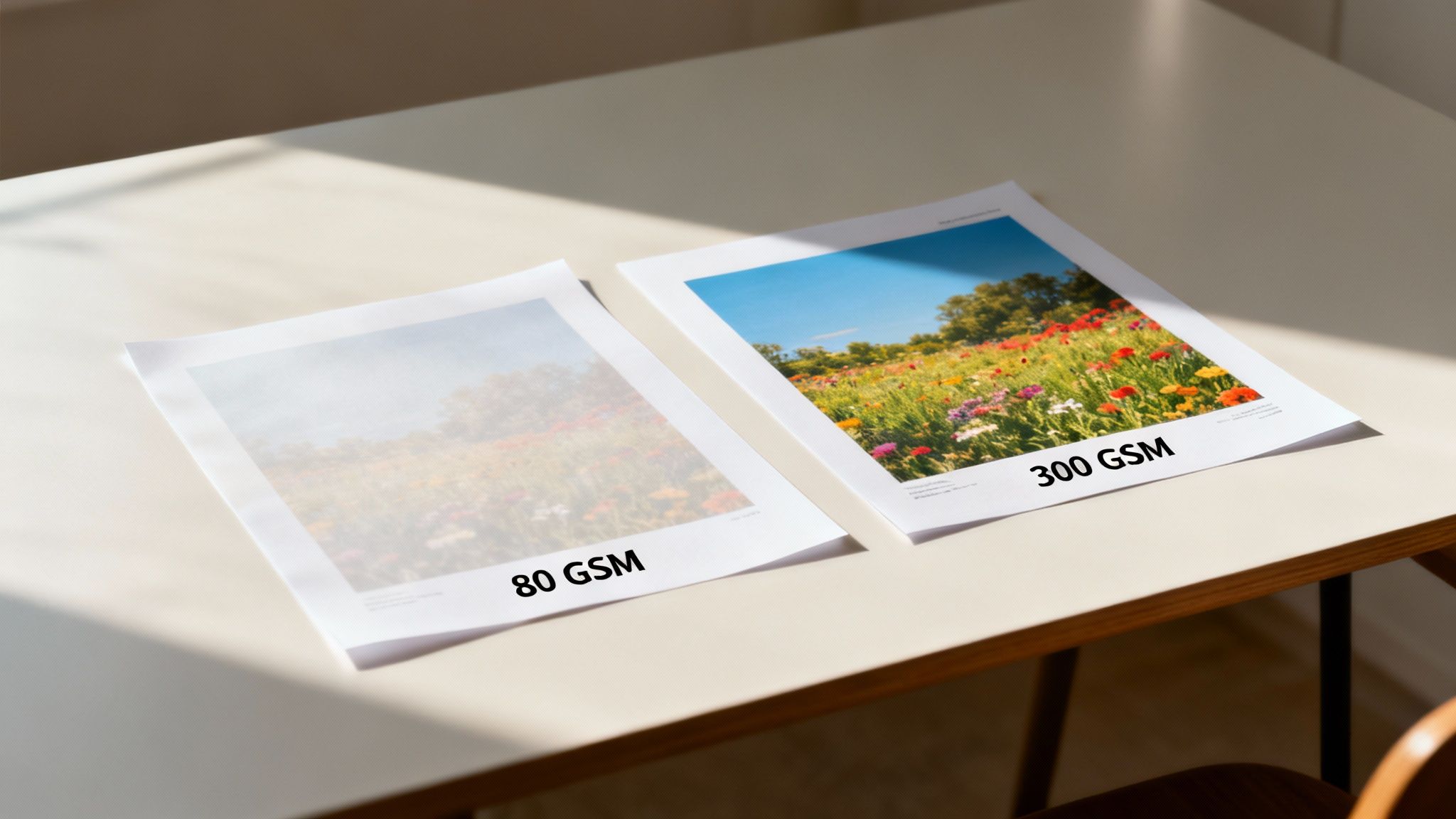 Side-by-side comparison of two flower field prints on 80 GSM and 300 GSM paper.